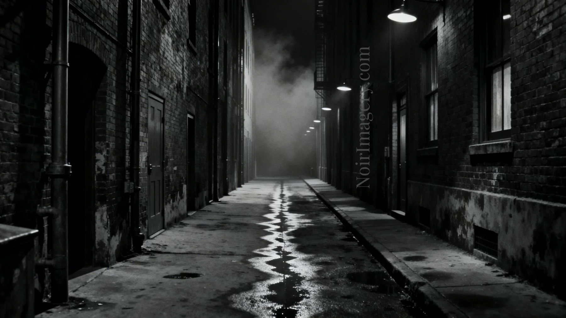 A long alley at night drifting into a haze of smoke and shadows.
