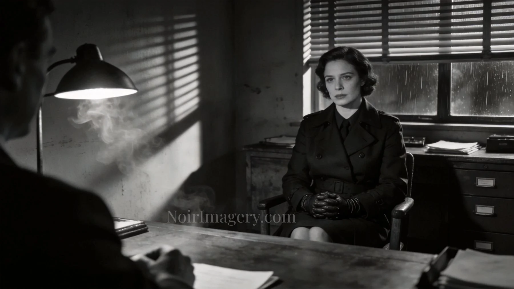 Black-and-white noir image of a serious woman sitting across from a detective’s desk in a smoky office.