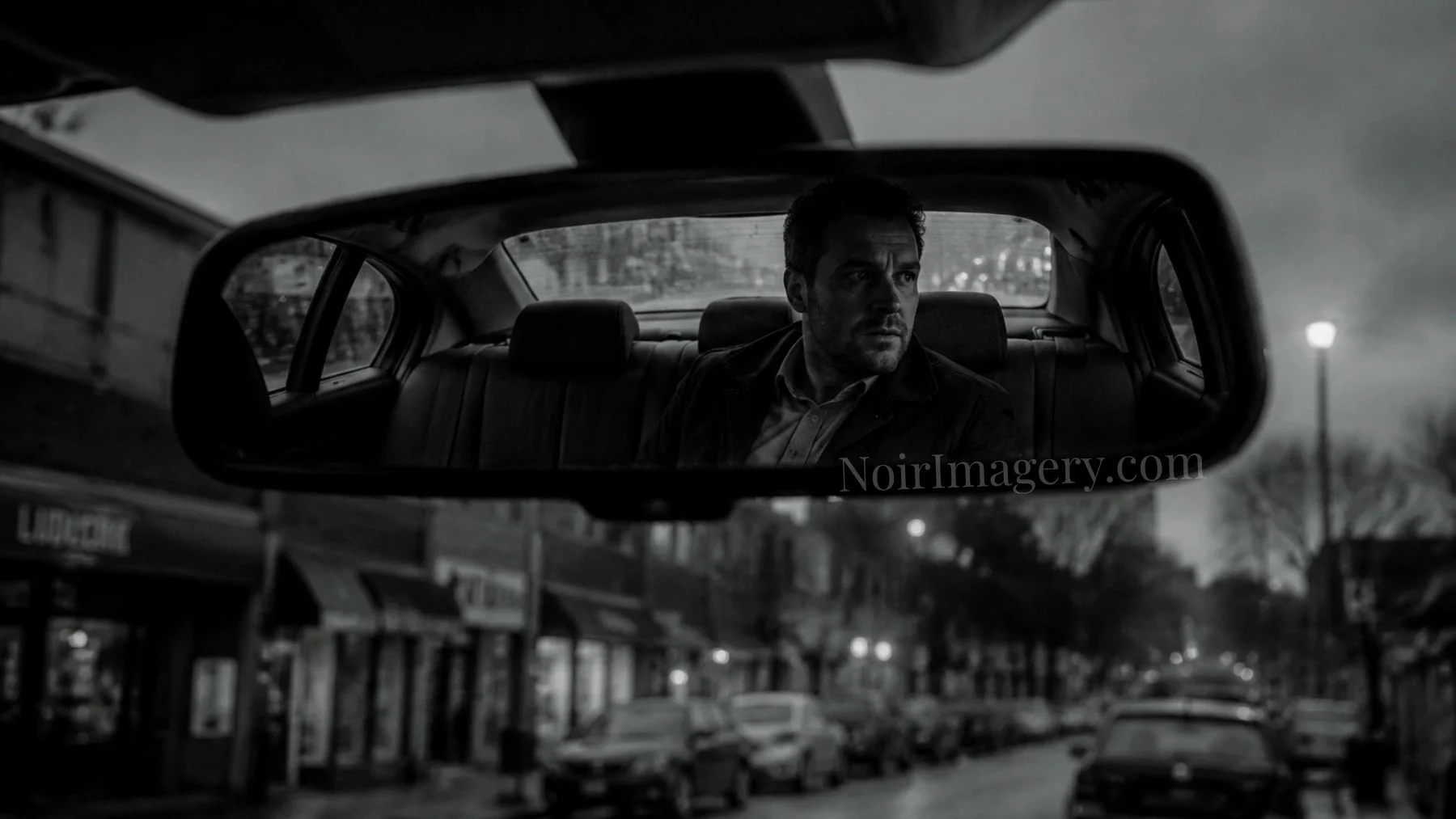Black-and-white noir image of a man in the backseat reflected in a rearview mirror during surveillance.