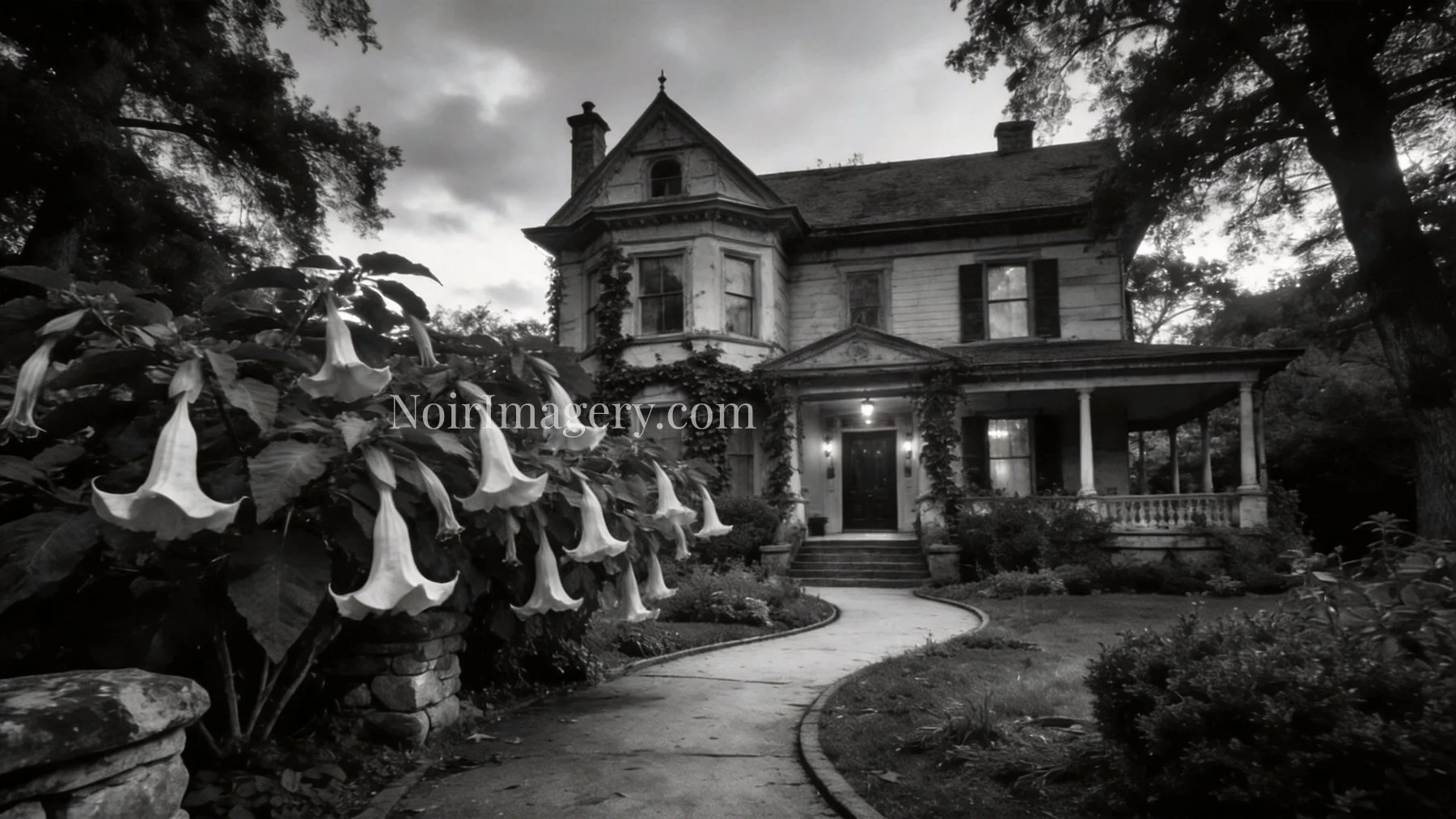 Black-and-white image of angel's trumpet flowers growing beside the walkway leading to an elegant Victorian home.