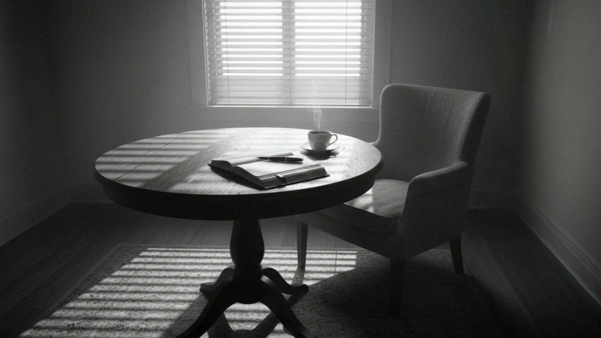 Small table with coffee and book, venetian blinds in the background casting dramatic light and shadows.