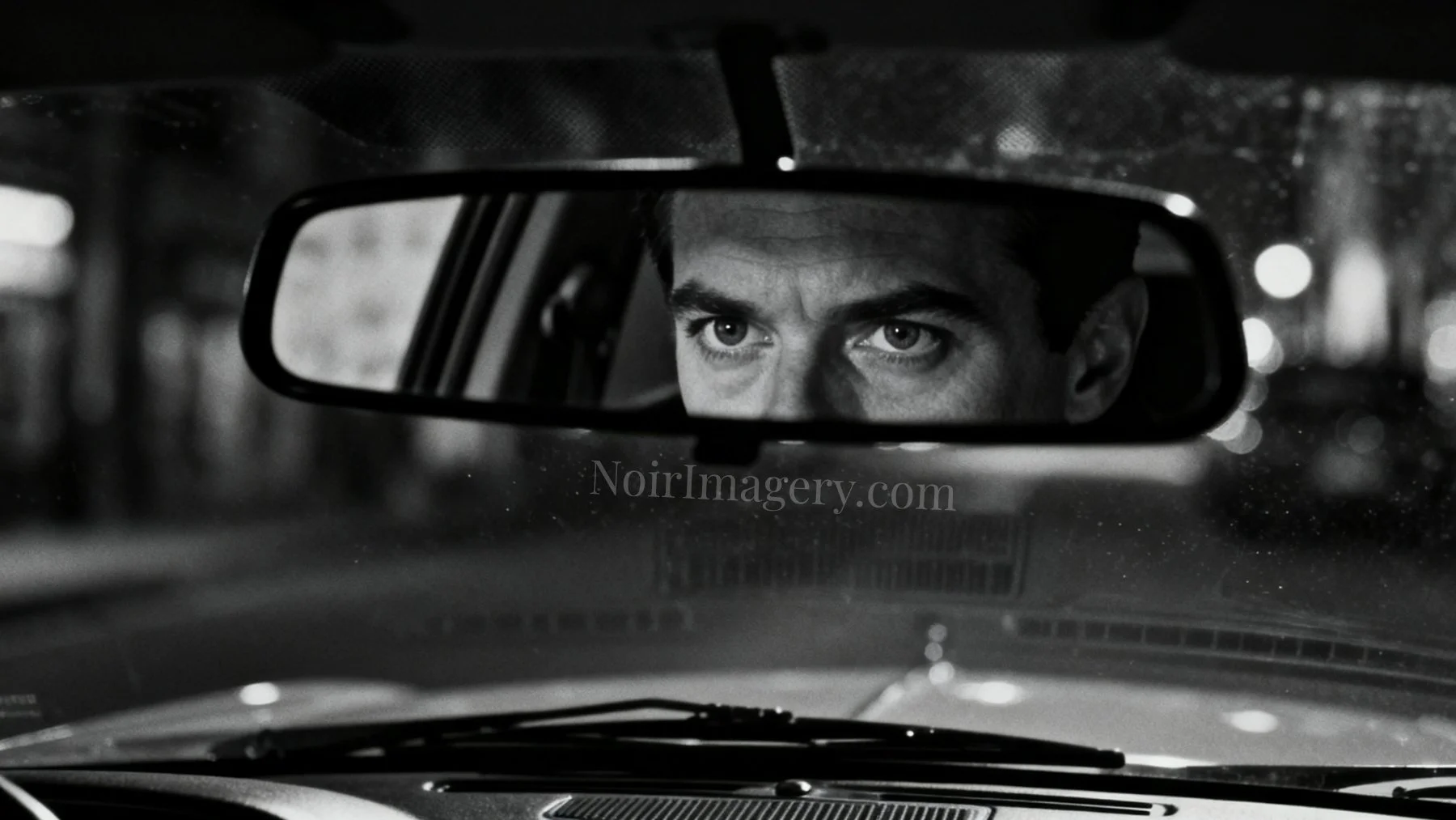 Black-and-white noir image of a man's eyes reflected in a rearview mirror inside a car at night.
