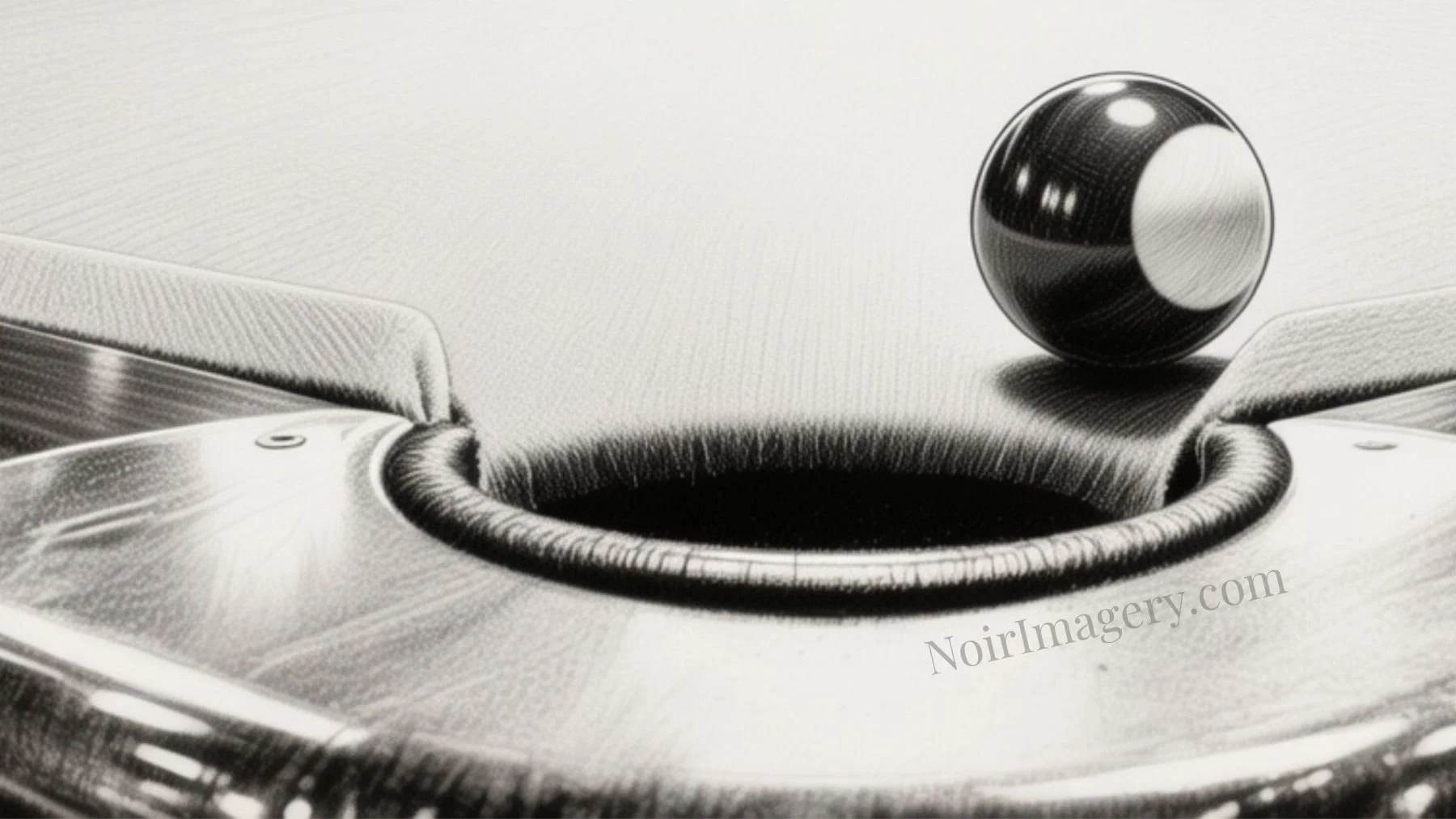 Close-up of a billiard ball hovering at the edge of a pool table pocket in a black-and-white noir style.