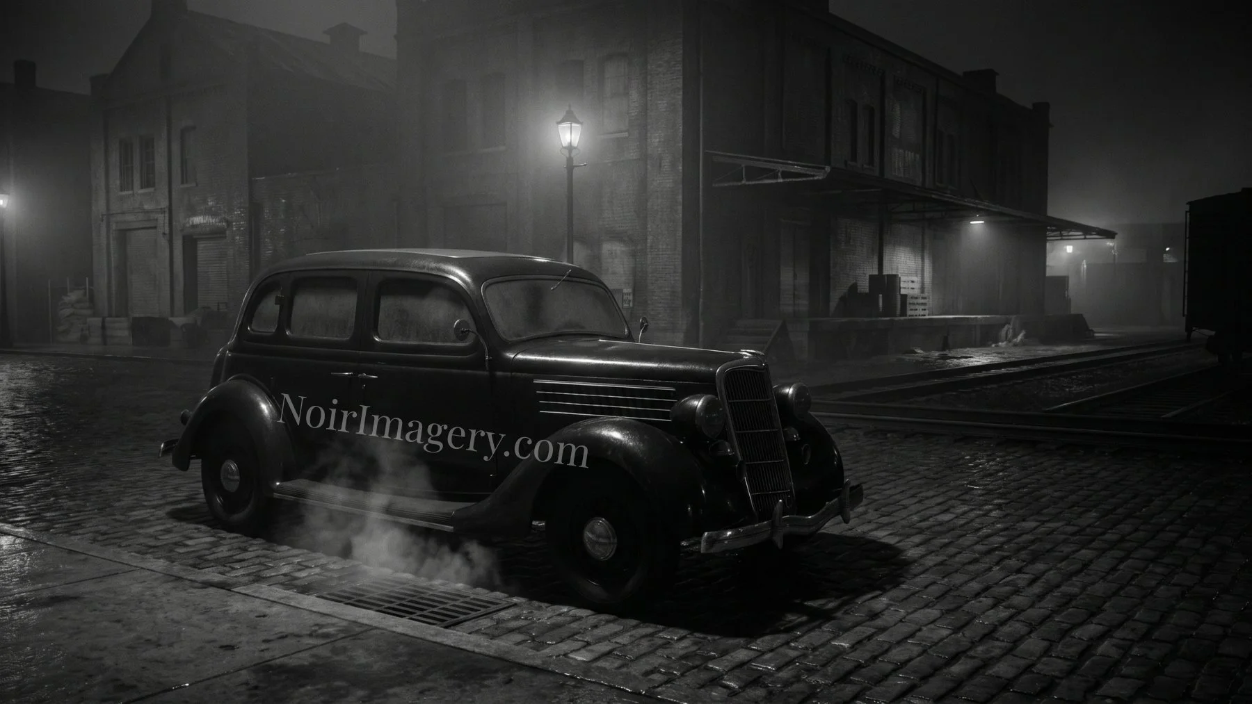 Vintage black sedan parked in a freight yard at night with wet cobblestones, steam, and industrial lighting in a noir setting.