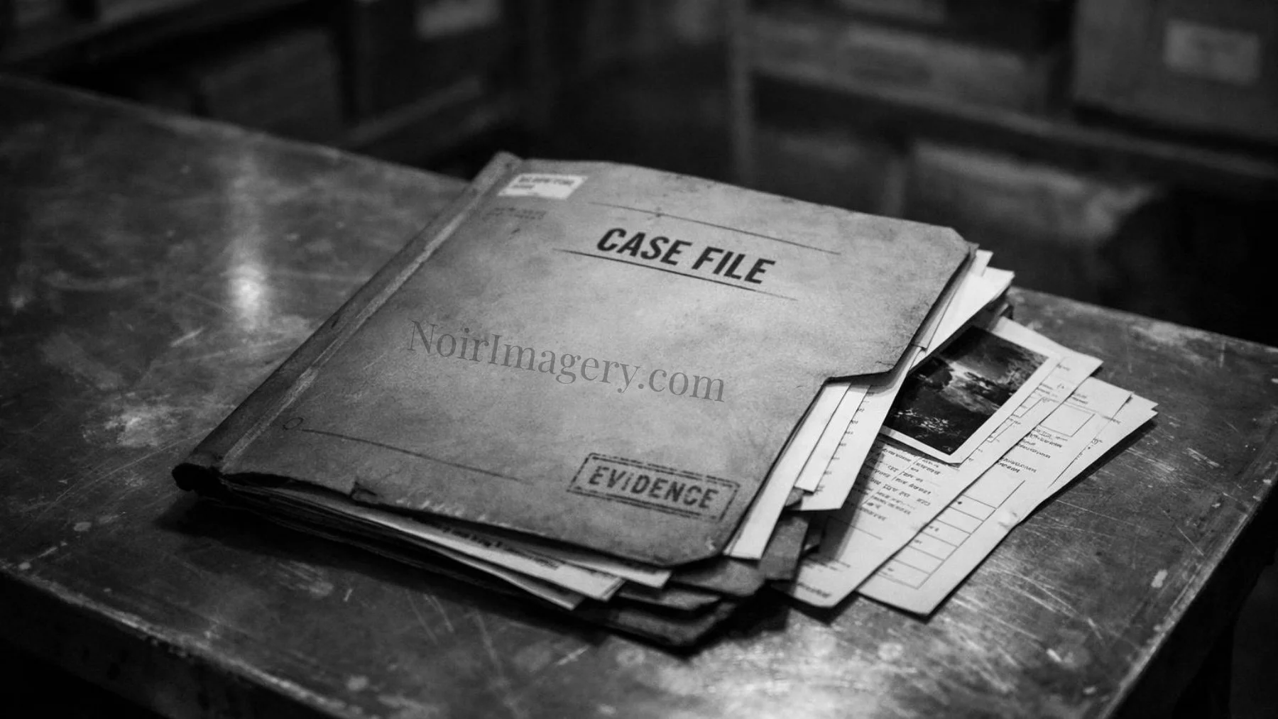 Closed case file folder resting on a table with investigation paperwork partially visible beneath it.