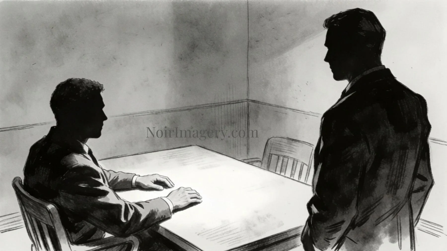 Dim interrogation room with one man standing over another seated at a table