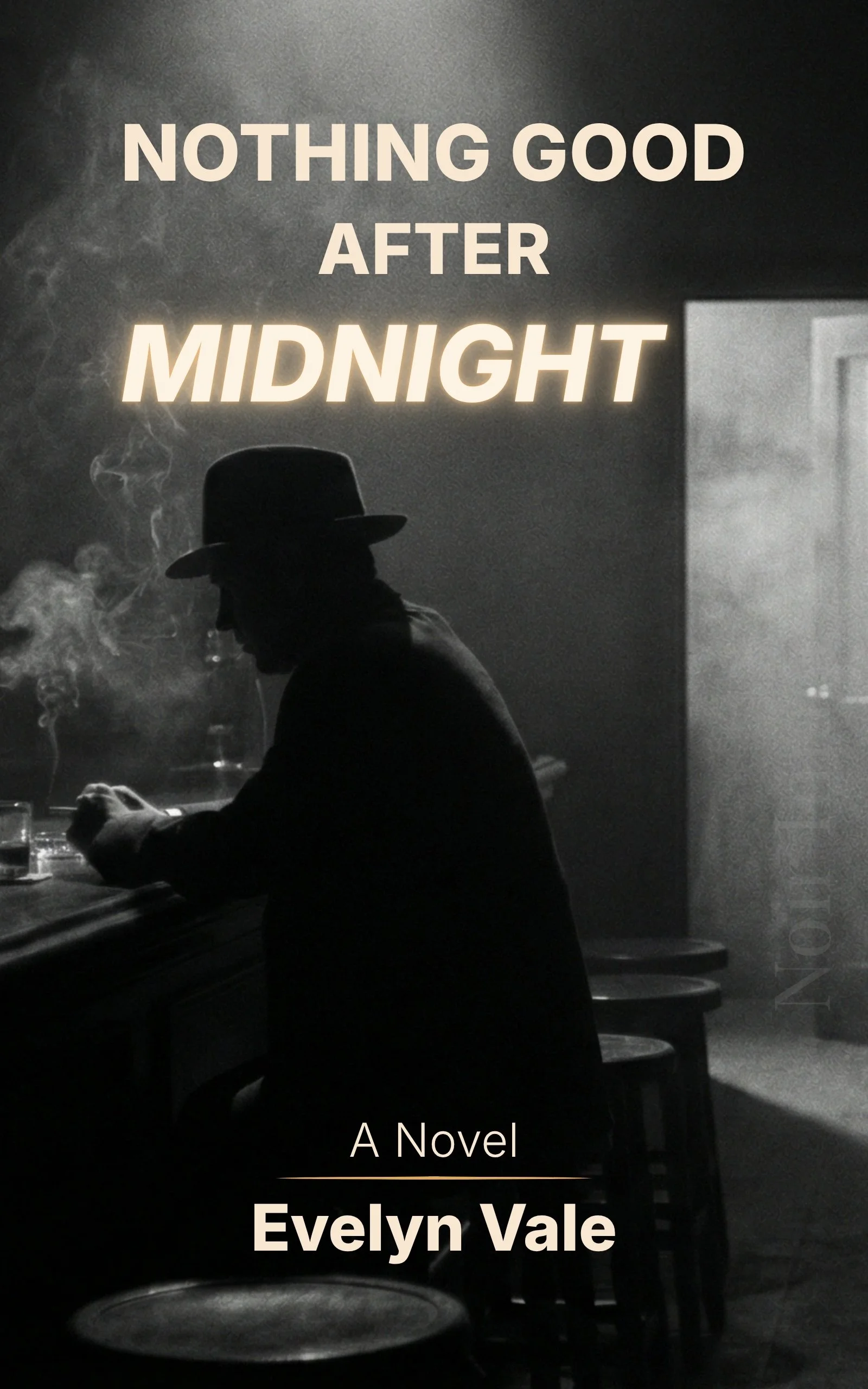 Noir book cover example featuring a lone figure at a smoky bar with the title “Nothing Good After Midnight.