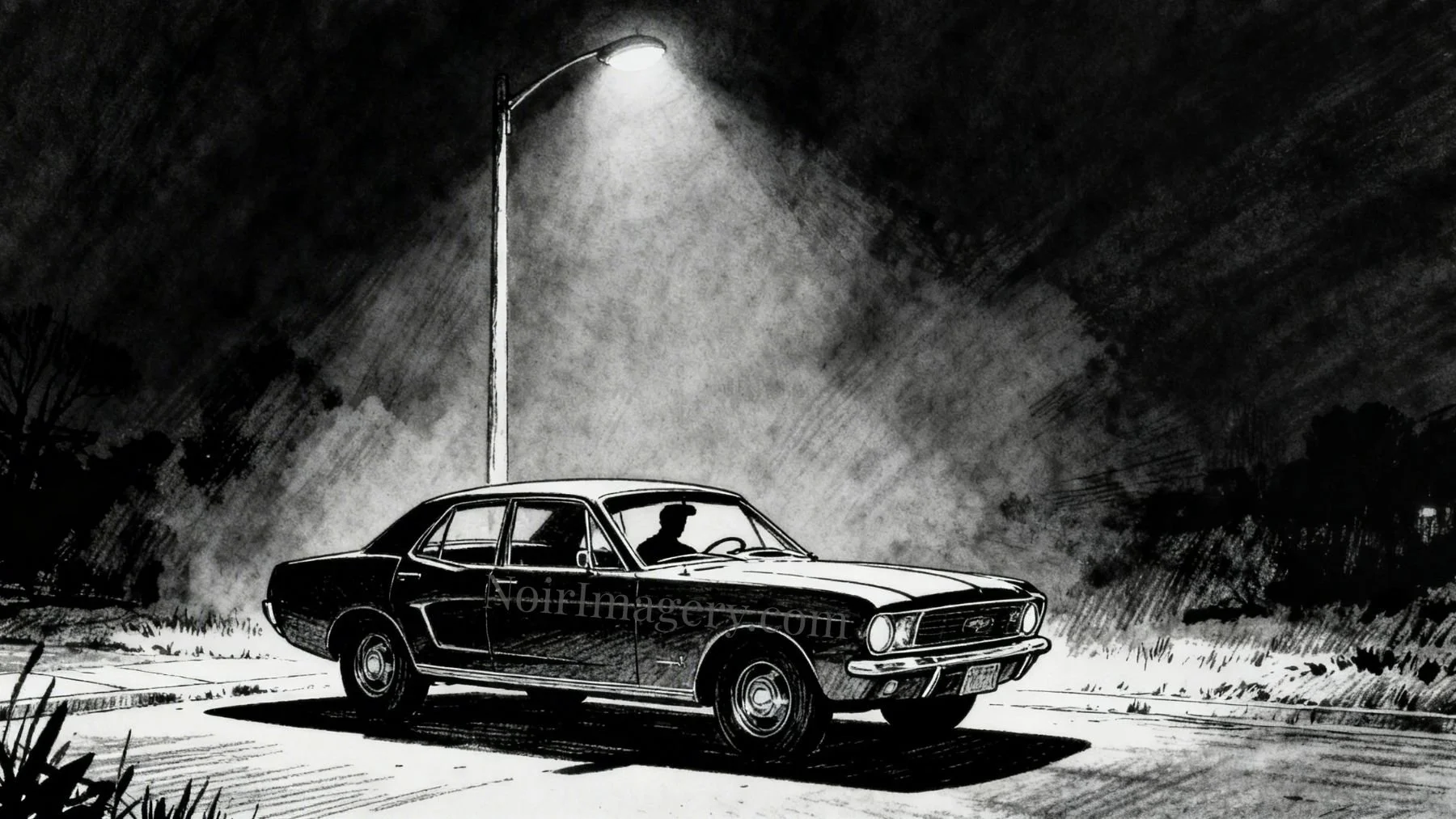 Car parked under streetlight at night with silhouette of person inside.