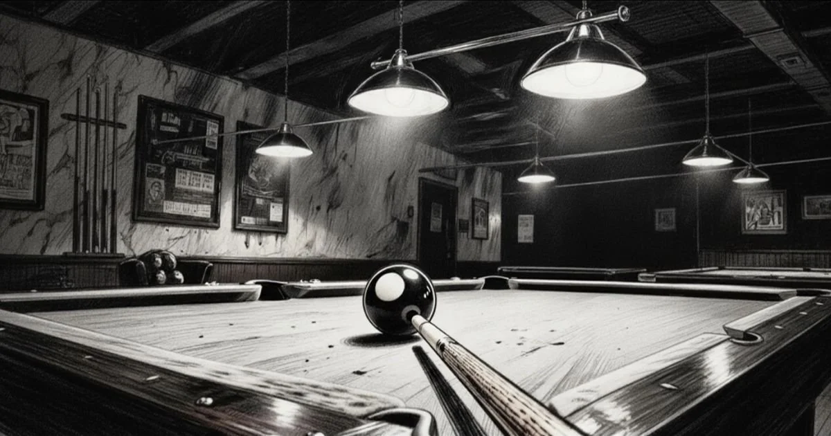 Cue stick aligned with a billiard ball on a pool table in a black-and-white noir scene with overhead lighting.