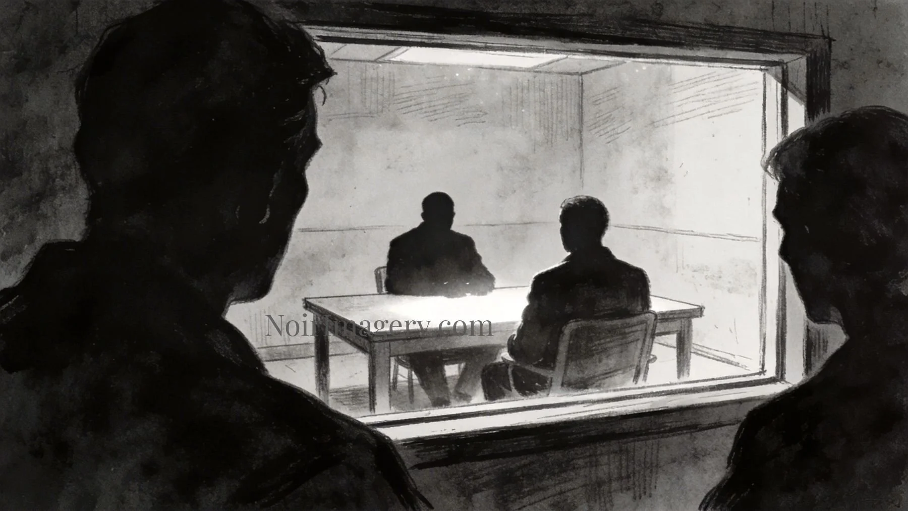 Observation window view into a noir interrogation room with two figures at a table