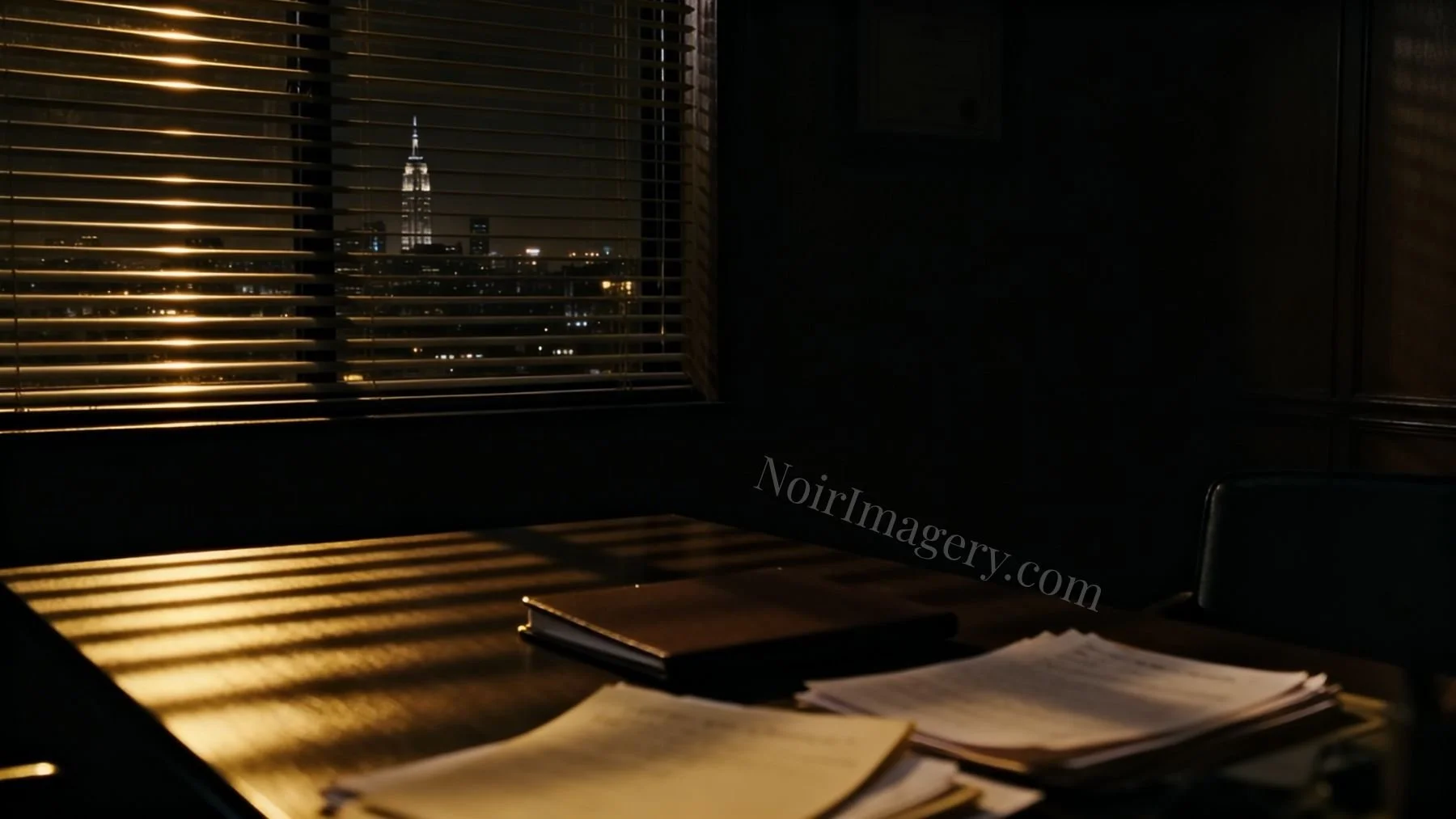 A nighttime city skyline through office blinds with a desk and papers in the foreground, noir atmosphere.