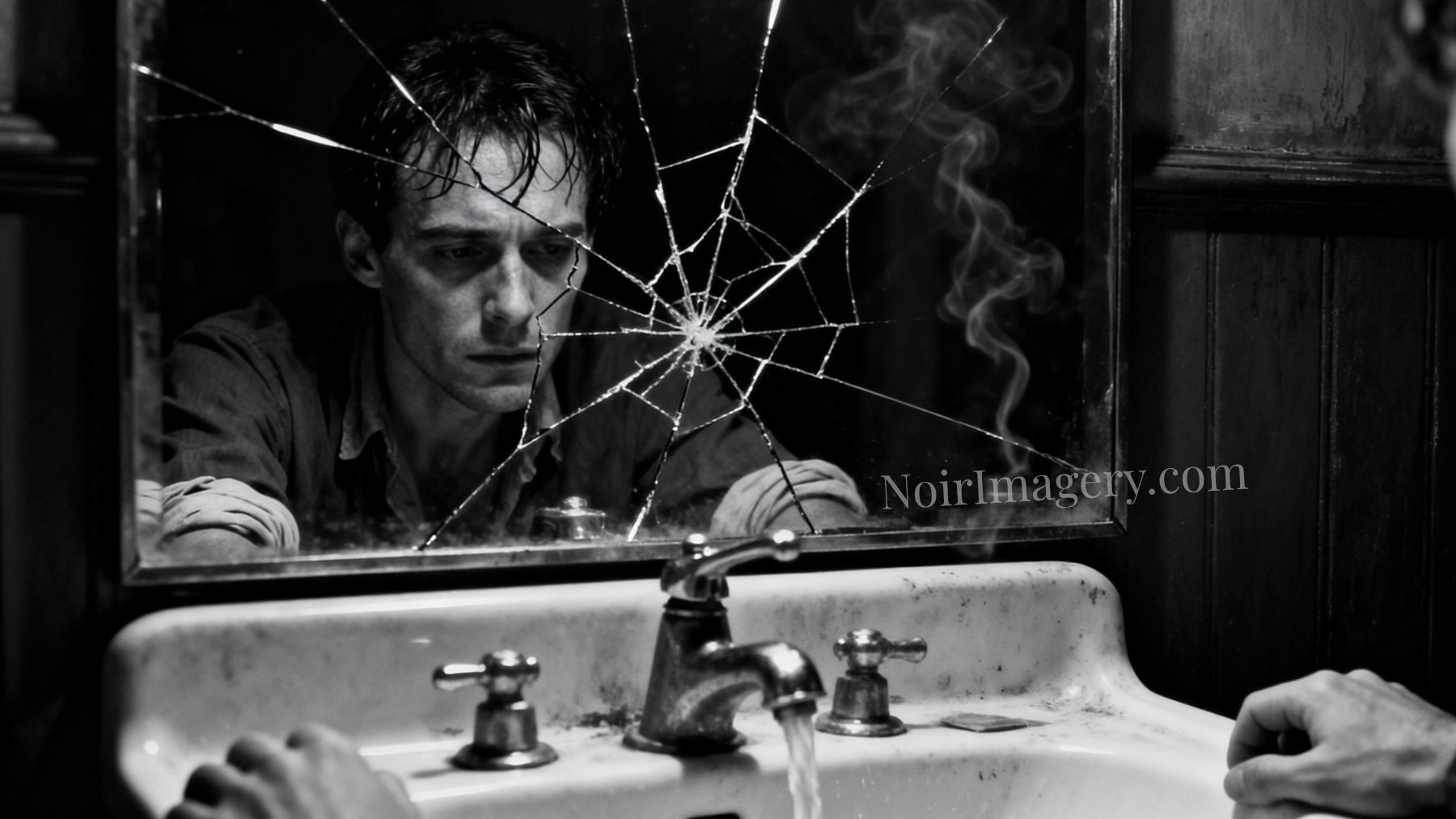 Troubled man staring into a shattered bathroom mirror above a running sink with cigarette smoke drifting through the dark room.