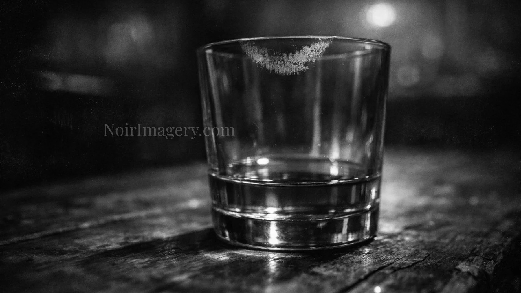 Empty drinking glass with a lipstick mark resting on a worn wooden table in a noir setting.
