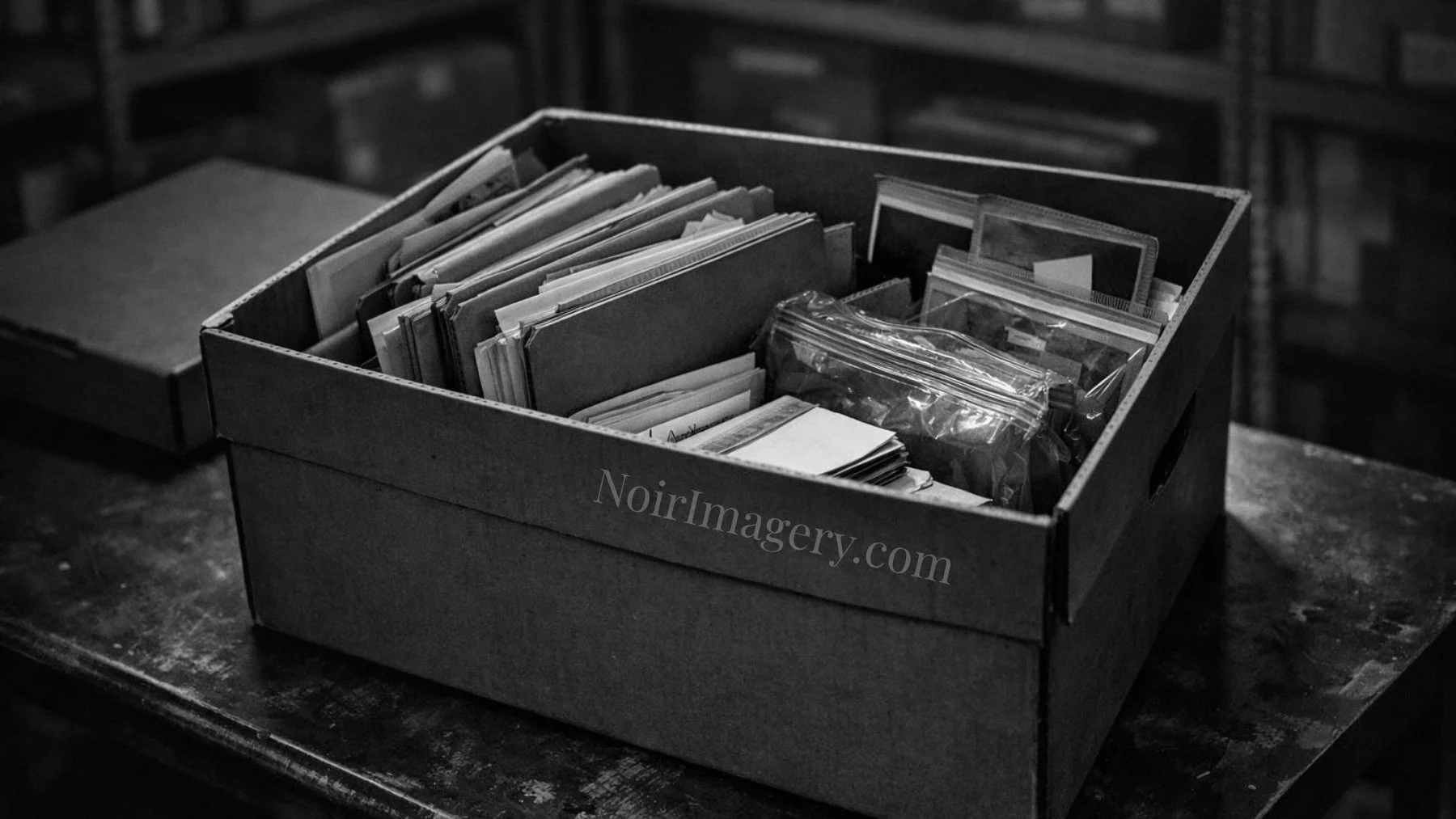 Open archive box containing investigation folders, evidence bags, and stored case materials.