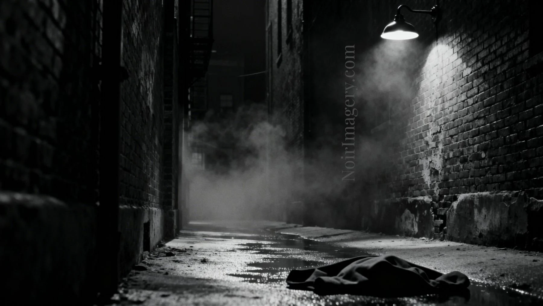 Noir alley with an object left on wet pavement suggesting recent activity