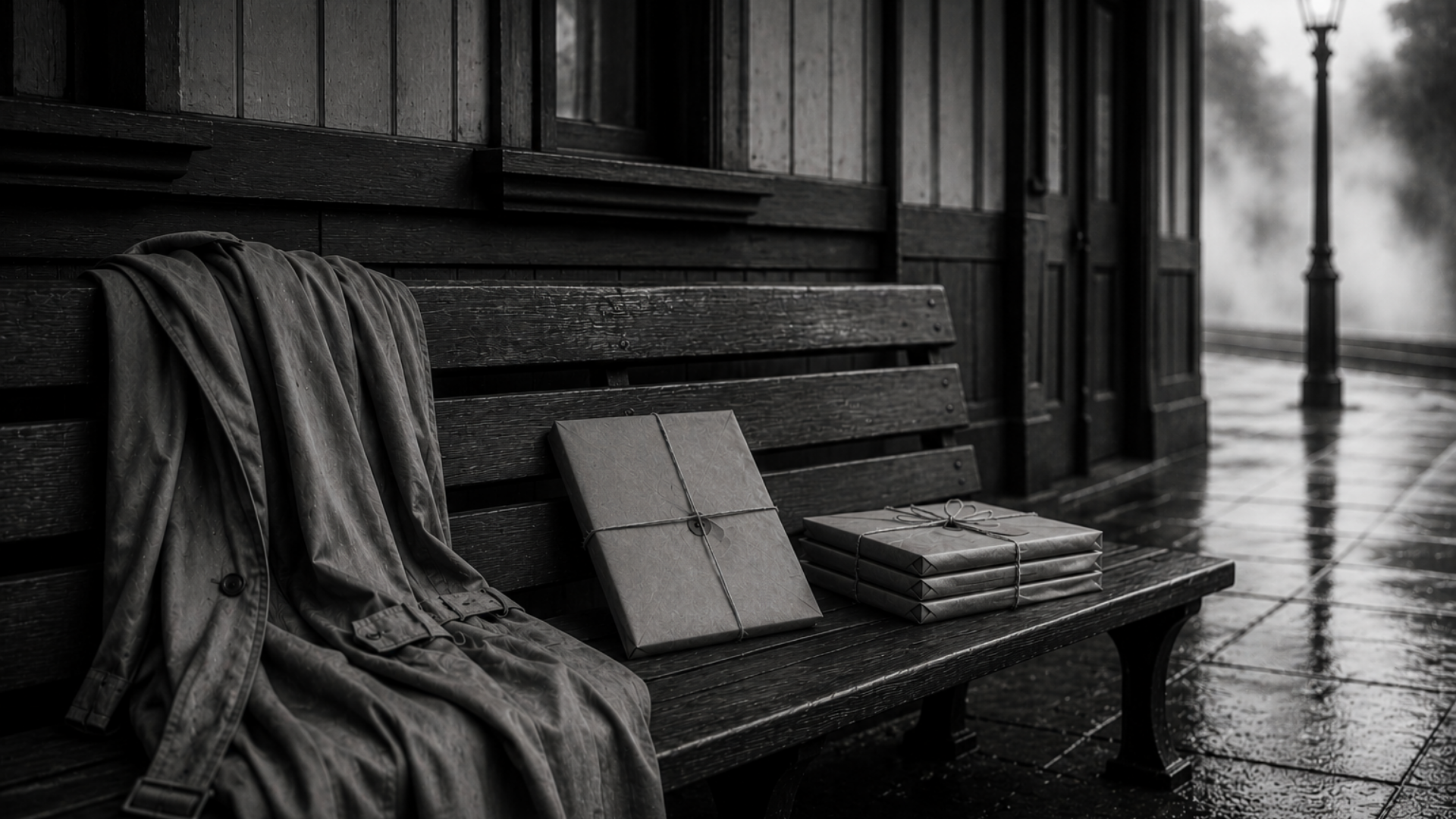 Black-and-white image of archival parcels resting on a wooden train station bench beside a draped overcoat, suggesting a journey is about to begin.
