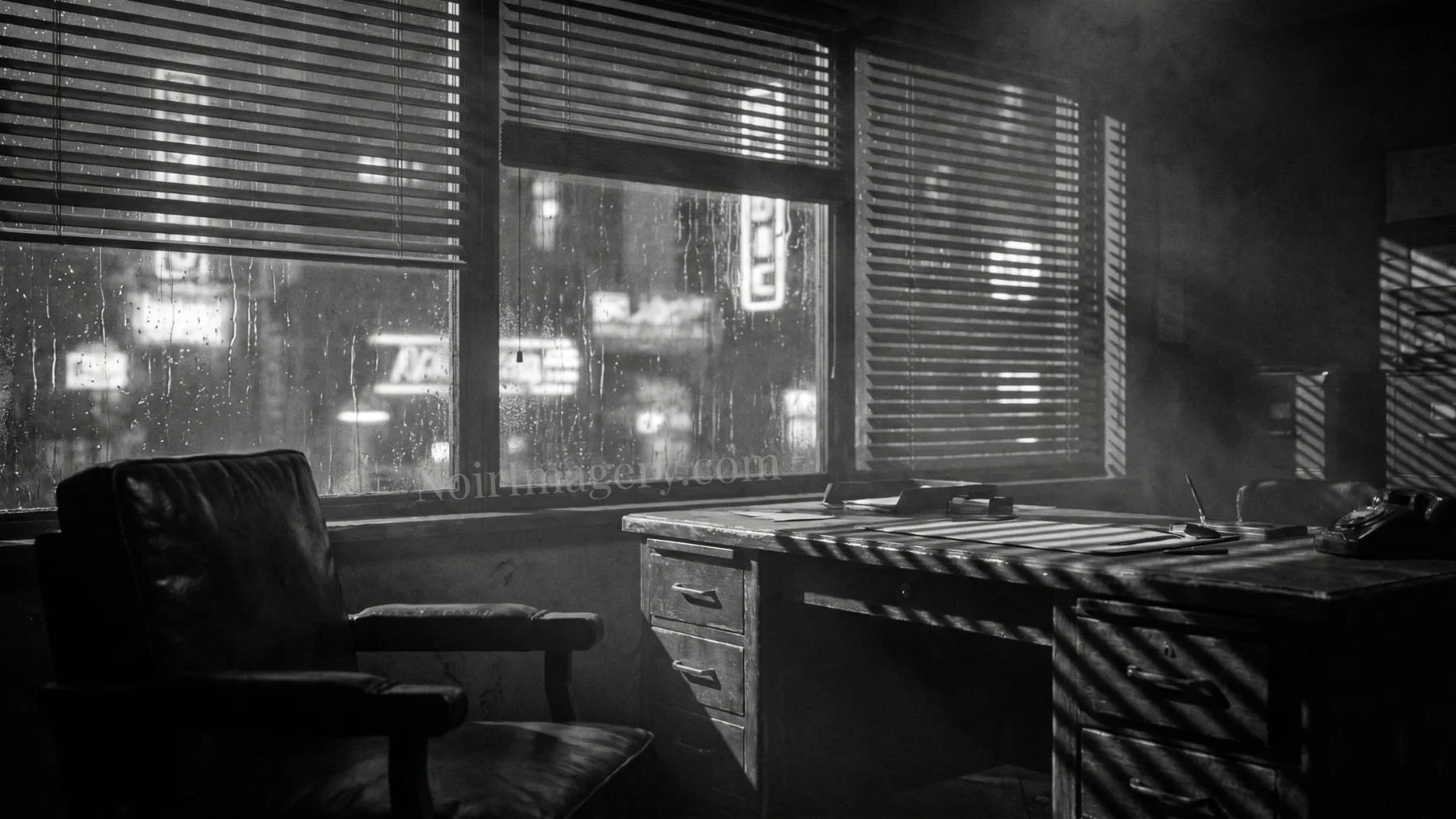 Empty chair facing a rain-streaked window with venetian blind shadows in a moody noir office