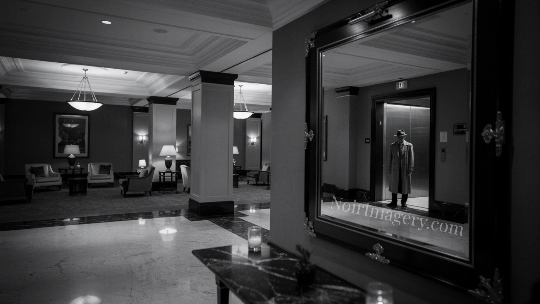 A man in a trench coat stands outside an elevator, visible only through a large framed mirror in a hotel lobby.