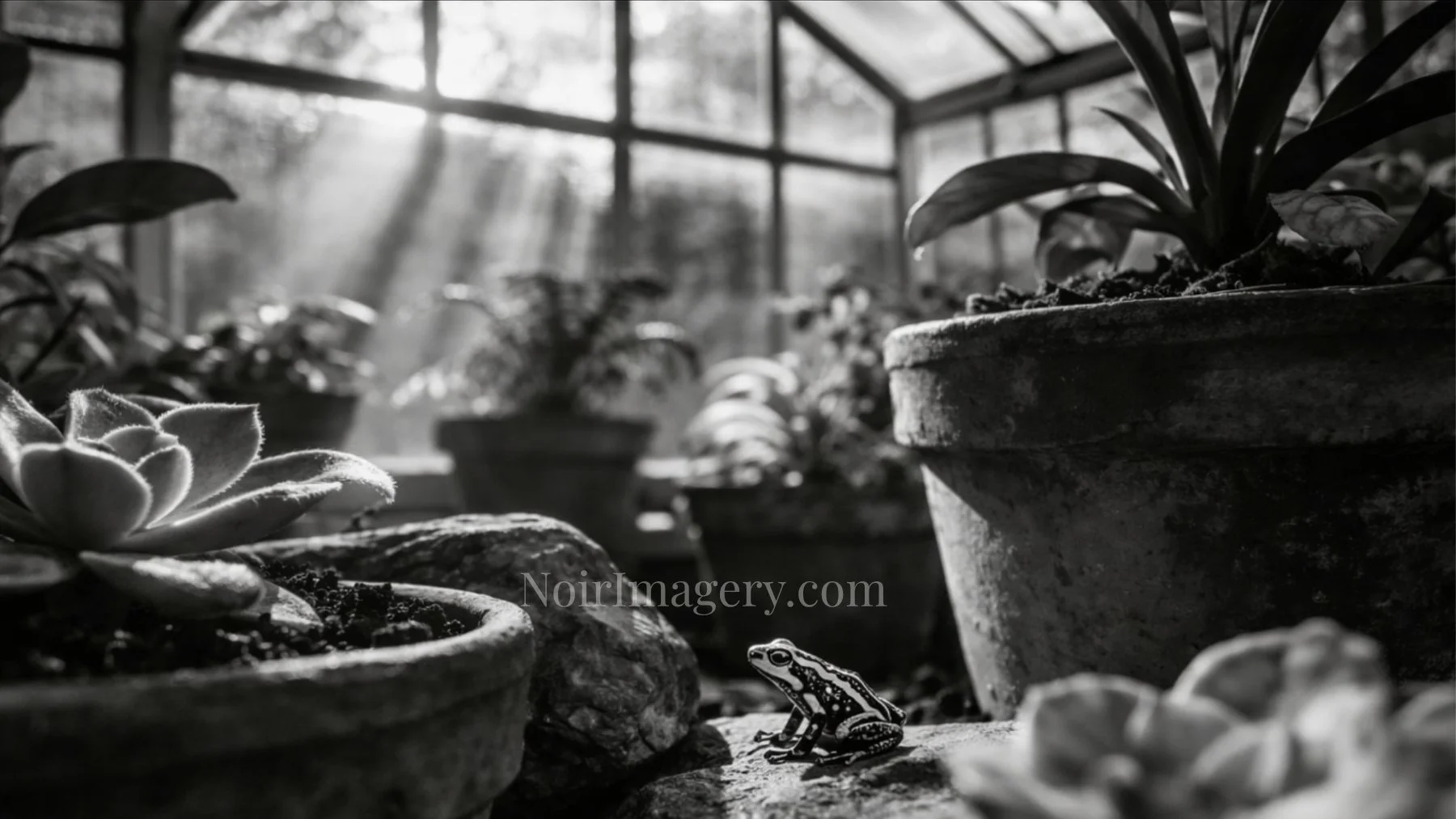 Black-and-white image of a poison dart frog perched among rocks and potted plants inside a greenhouse.