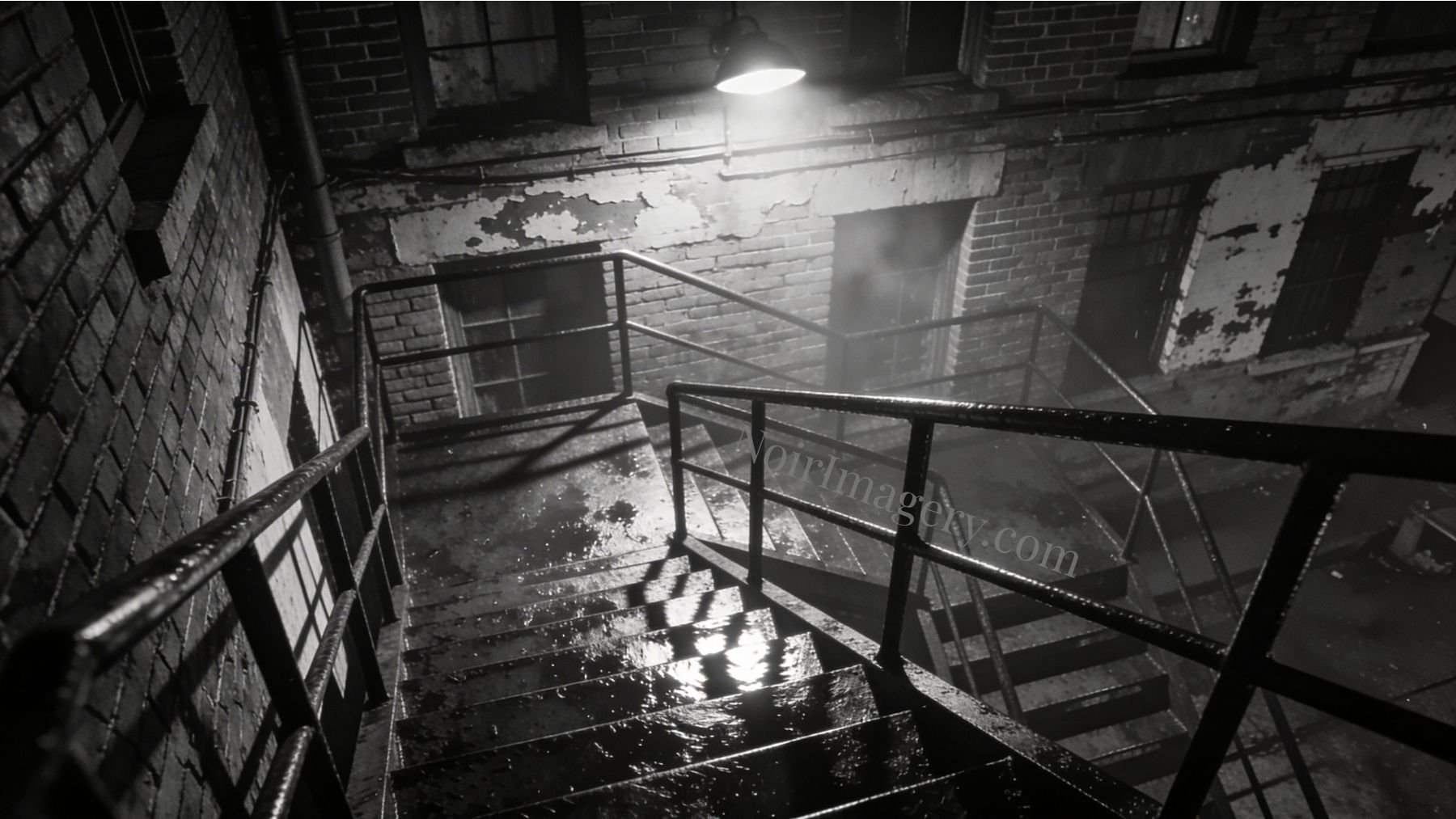 Fire escape descent into alley below.