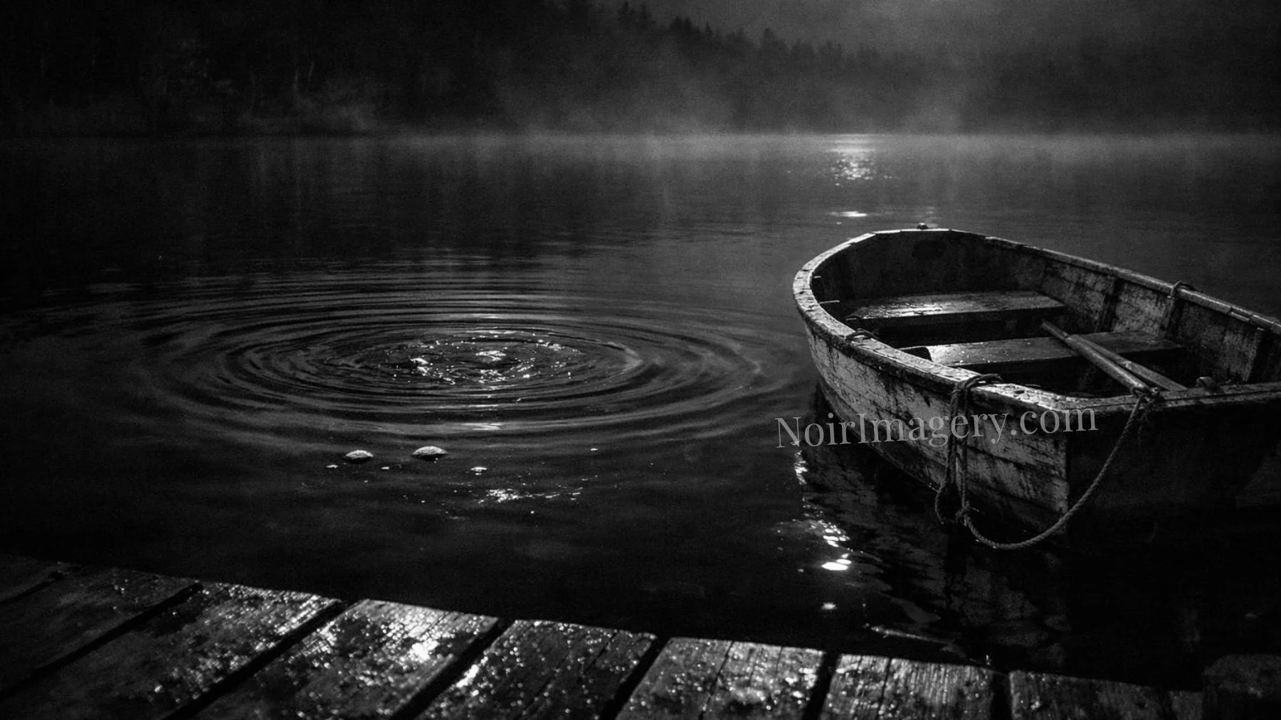 Atmospheric black-and-white noir image of ripples spreading across a dark lake beside an empty rowboat at night.