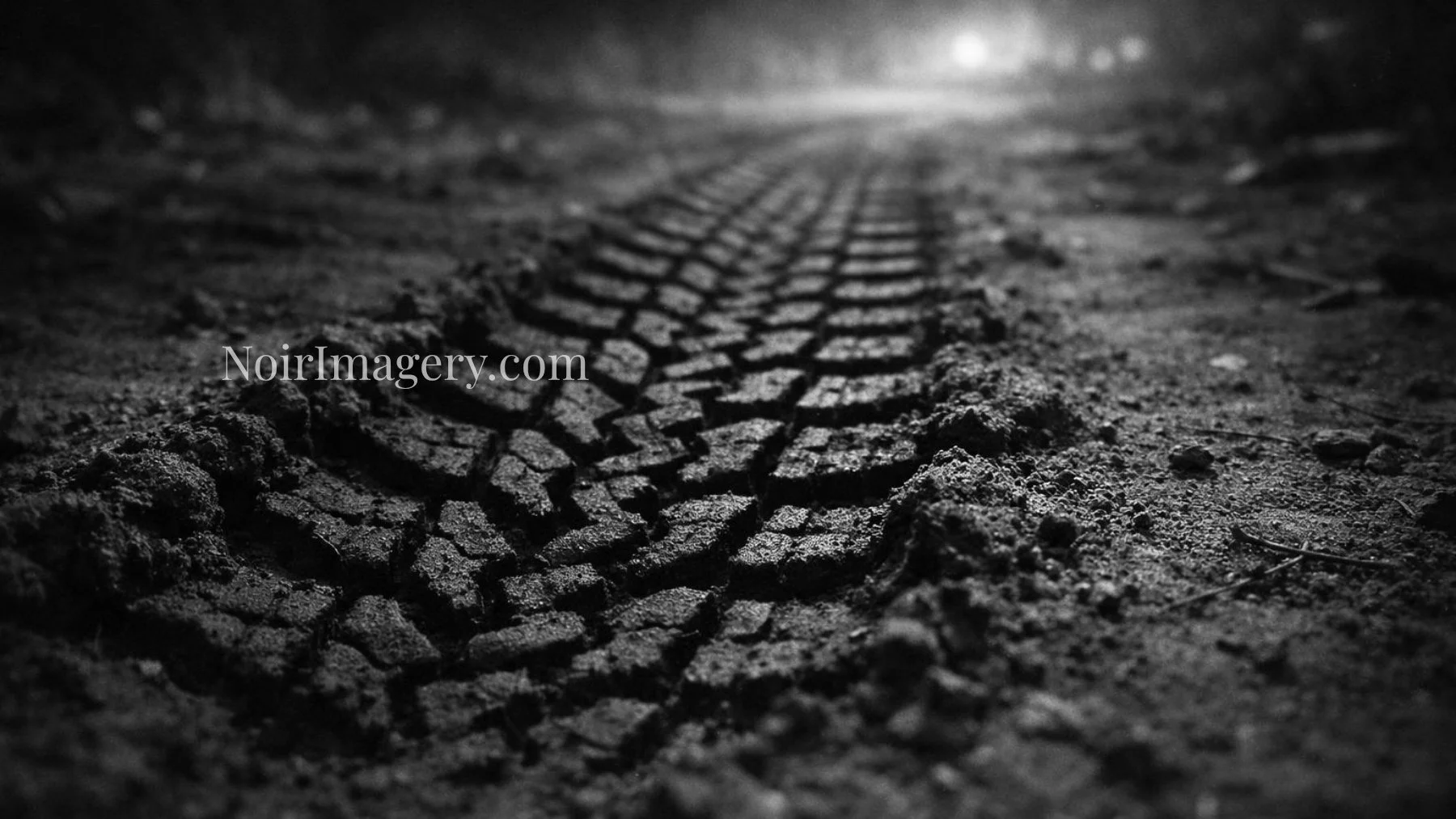 Black and white noir image of a tire tread track pressed into dirt floor.