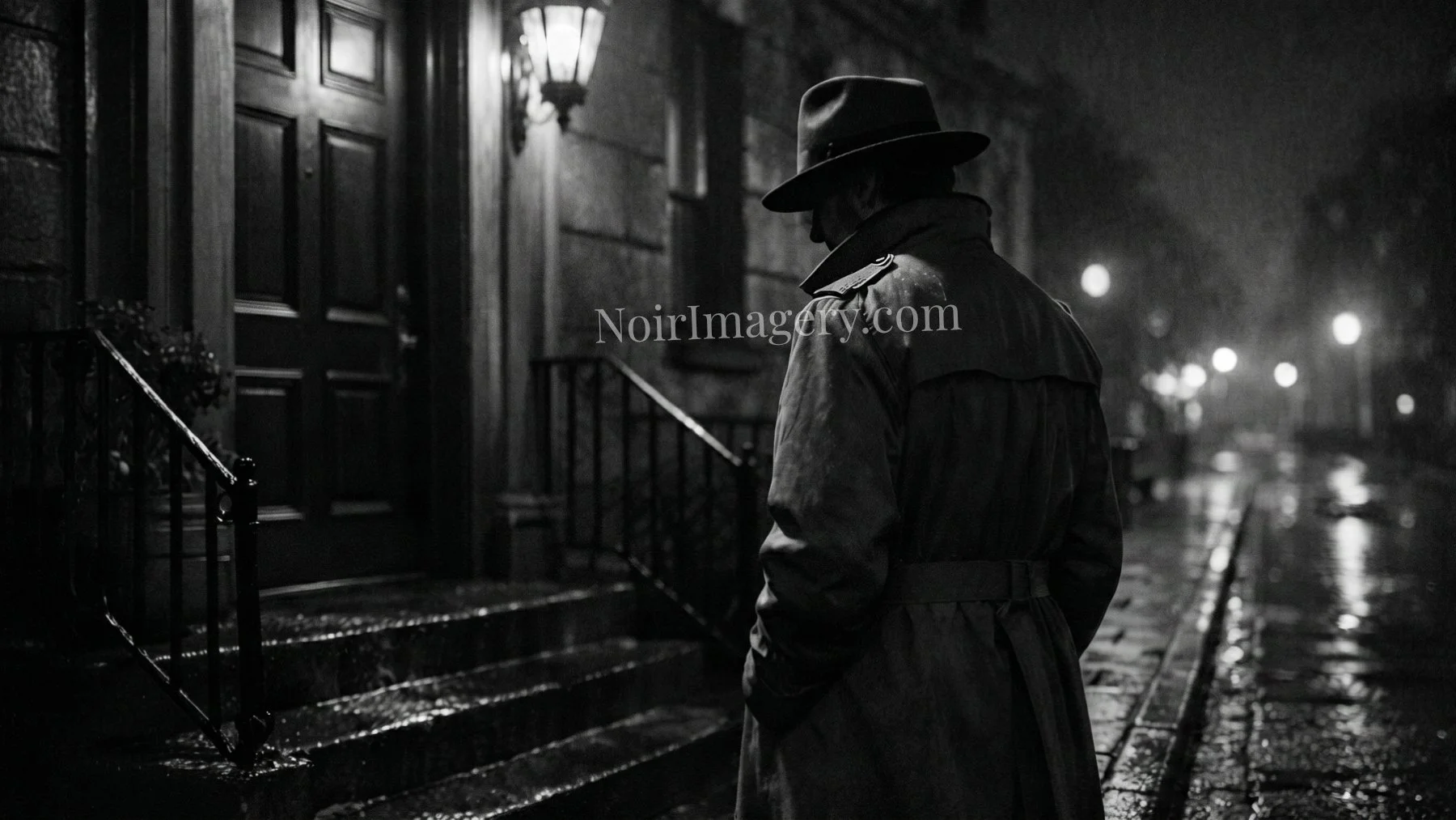 Detective standing outside a doorway on a rainy city street during a nighttime noir criminal investigation.