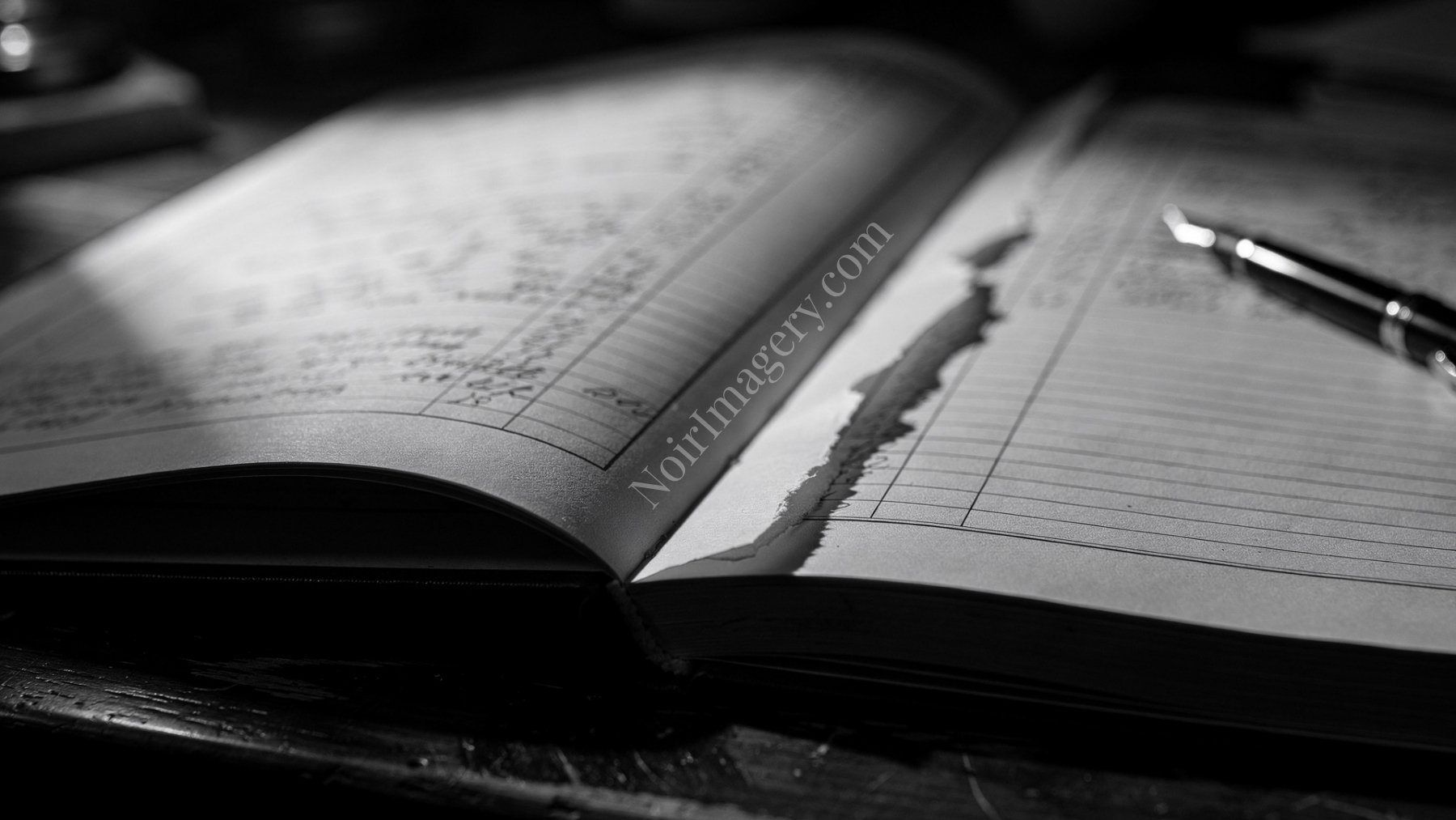 An open ledger book showing a page that has been deliberately removed.