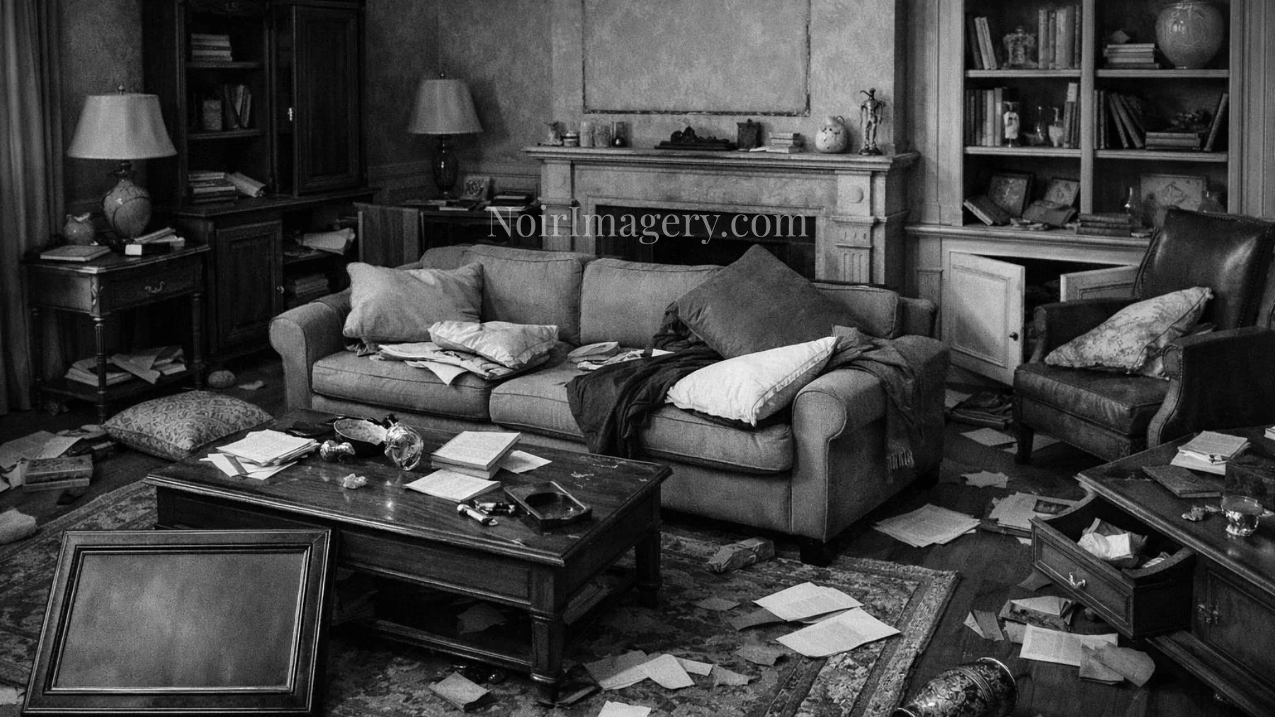 Black-and-white noir image of a living room with a picture removed from the wall, open cabinets, moved furniture, and signs of a thorough search.