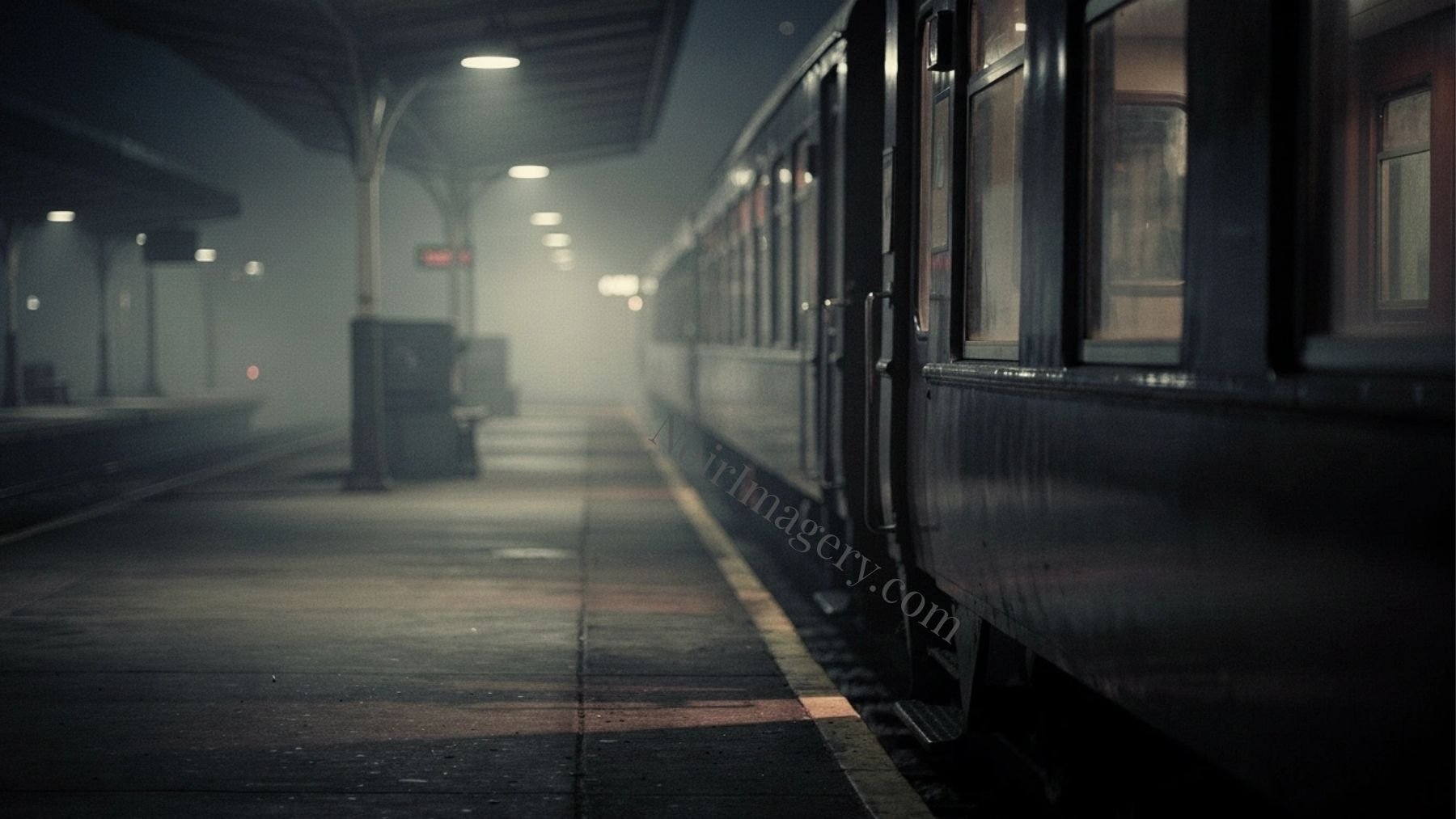 Stationary train at a dimly lit platform with fog and no visible passengers