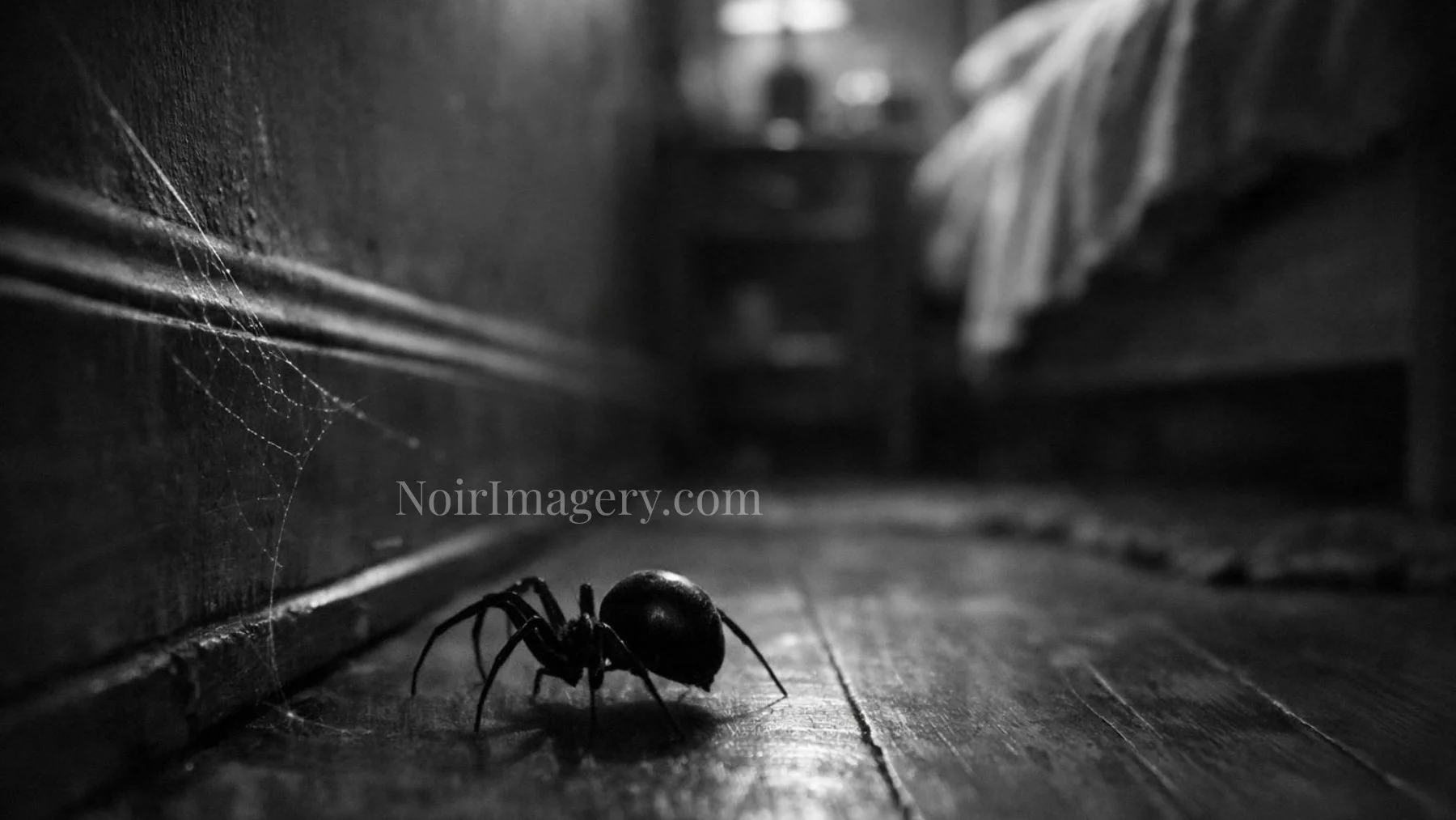 Black-and-white image of a black widow spider crossing a wooden floor beside a cobweb, with a bed blurred in the background.