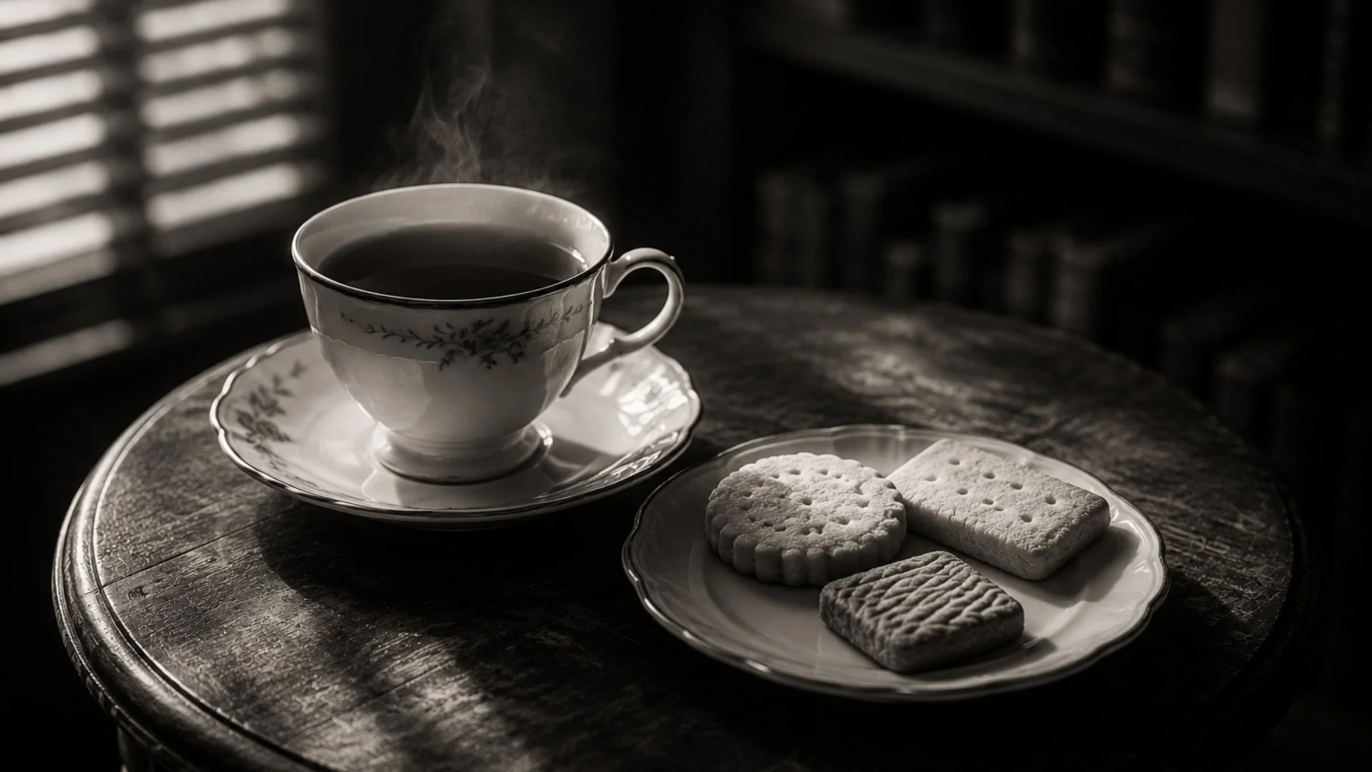 A steaming cup of tea beside three assorted biscuits, symbolizing the care taken to prepare three ready-to-use image formats for every Noir Imagery download.