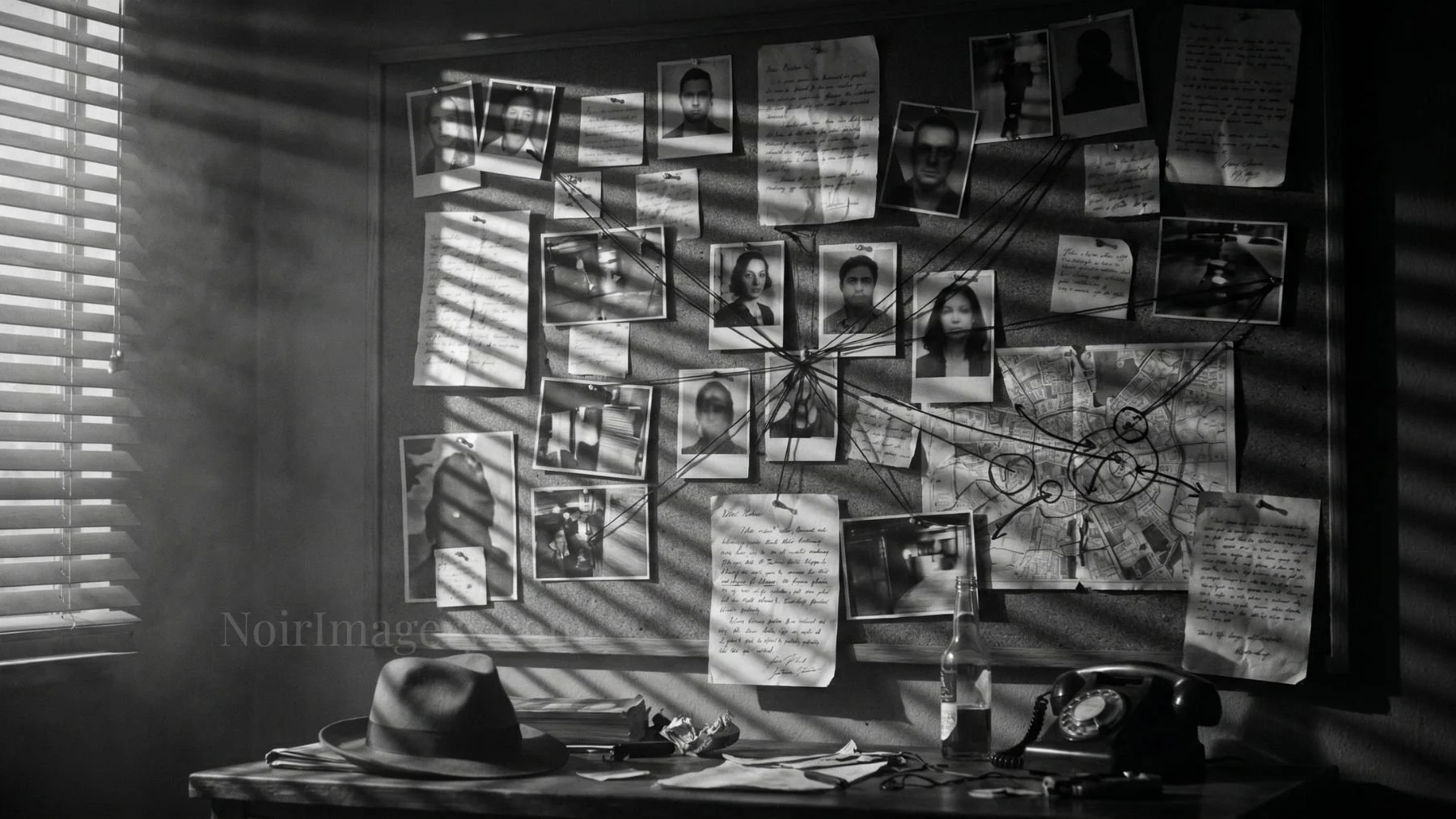 Noir evidence board with pinned photographs, notes, and connecting lines under dramatic shadow lighting