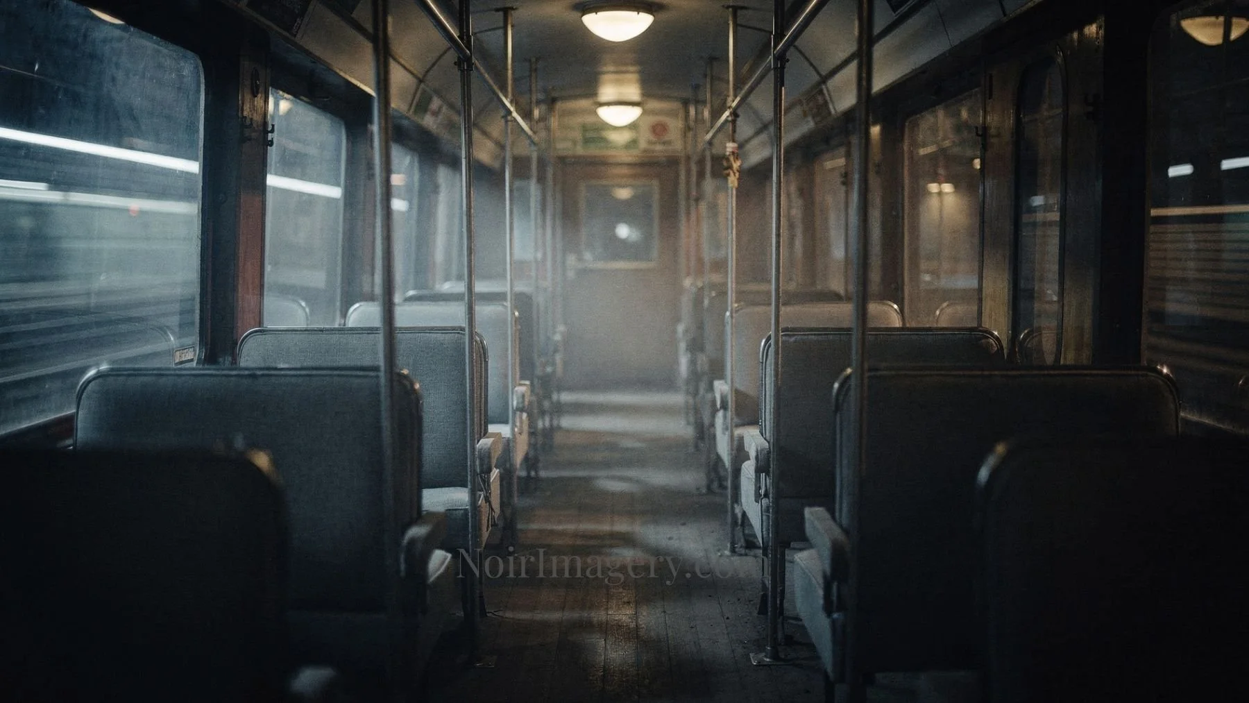 Empty vintage train car interior with rows of seats and soft overhead lighting