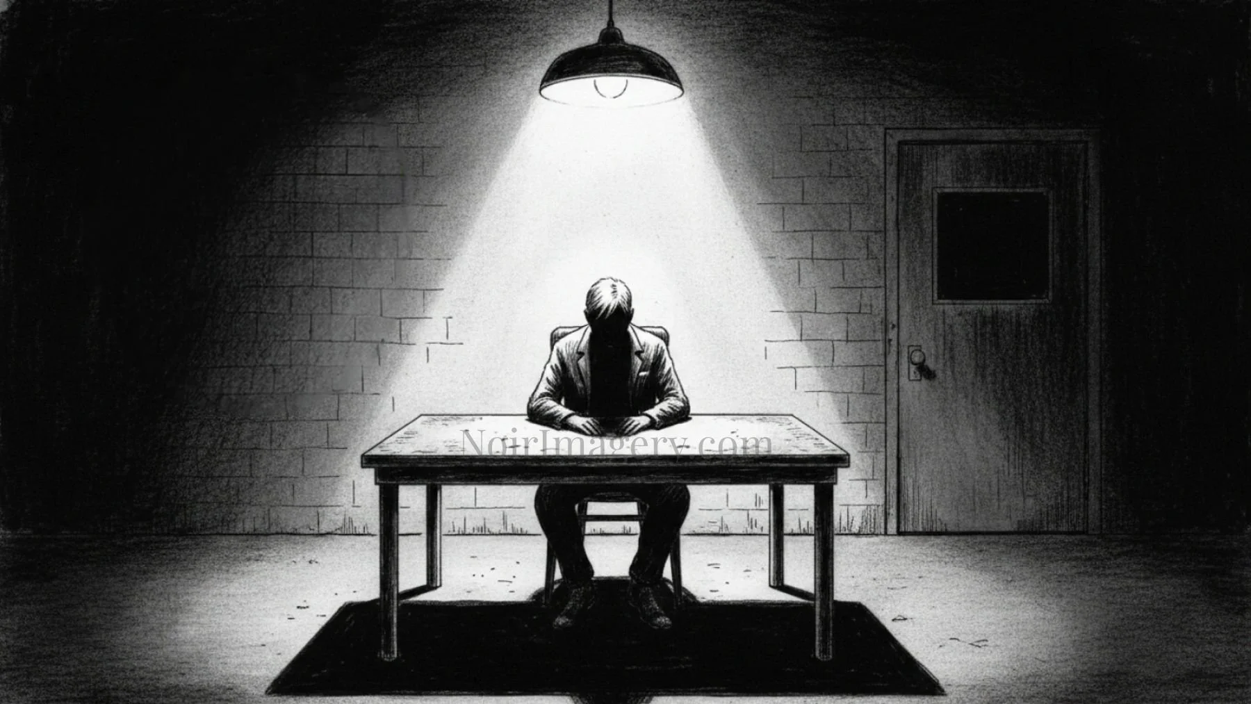 Black-and-white noir interrogation room with a man seated under a single overhead light