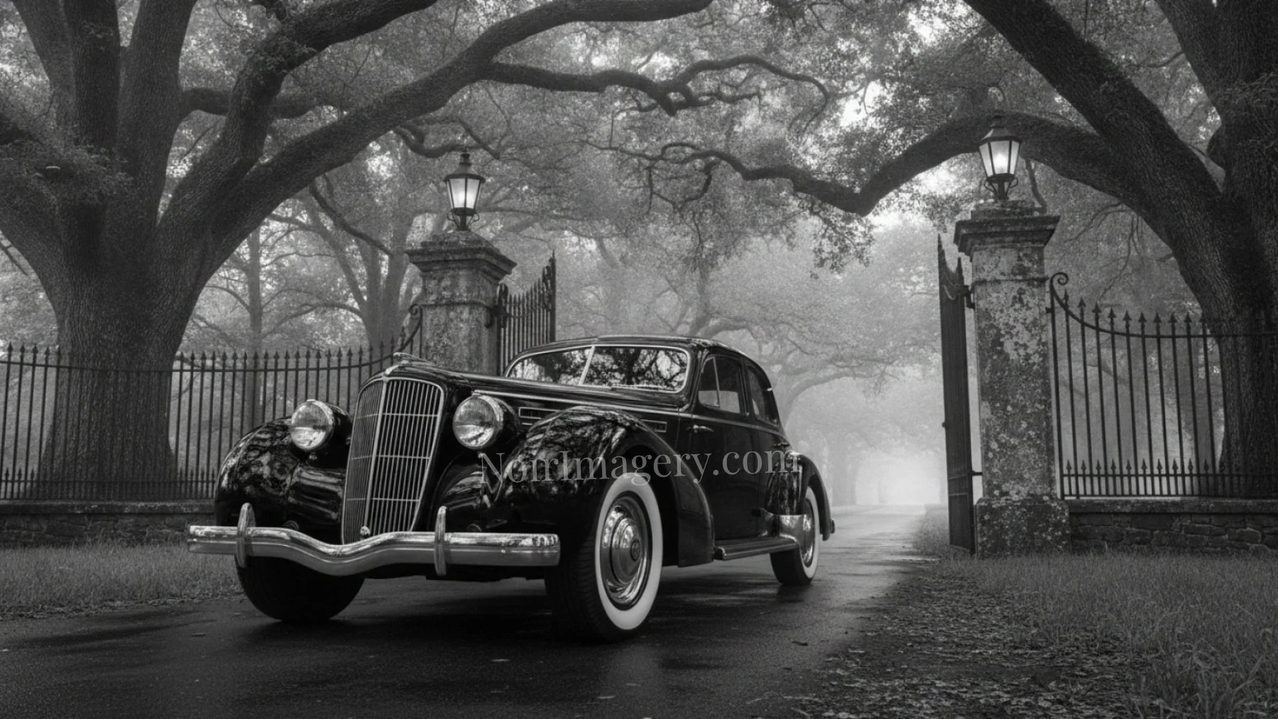 Vintage luxury sedan parked outside the gated entrance to a grand estate beneath towering trees in a classic noir setting.