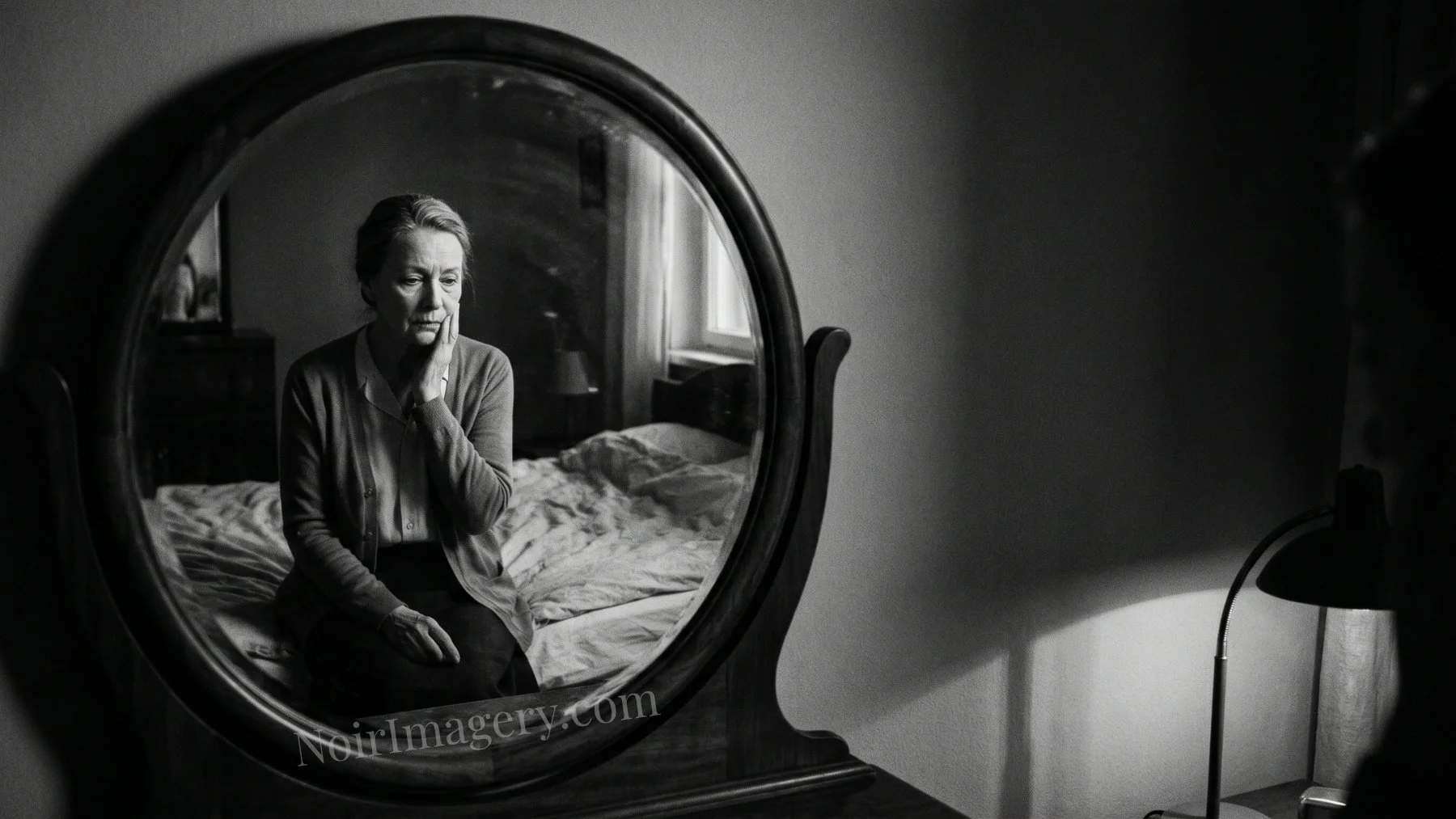 Older woman sitting thoughtfully on the edge of an unmade bed reflected in a vintage bedroom mirror with soft window light.