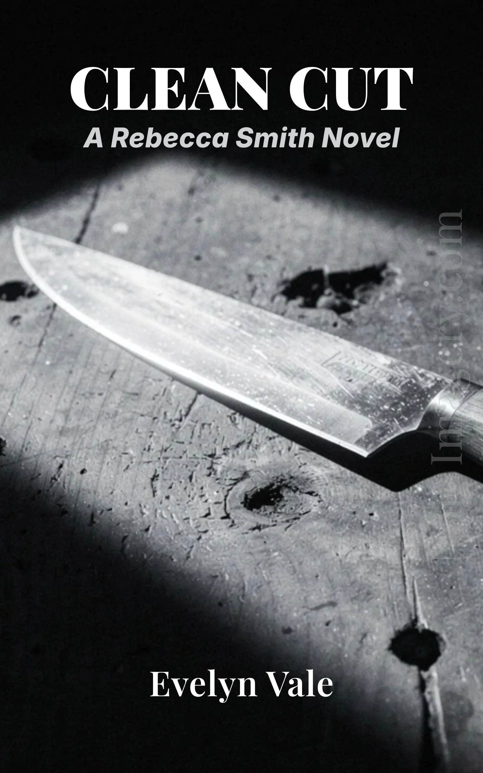 Minimalist noir thriller book cover featuring a knife on a wooden surface with the title “Clean Cut.”