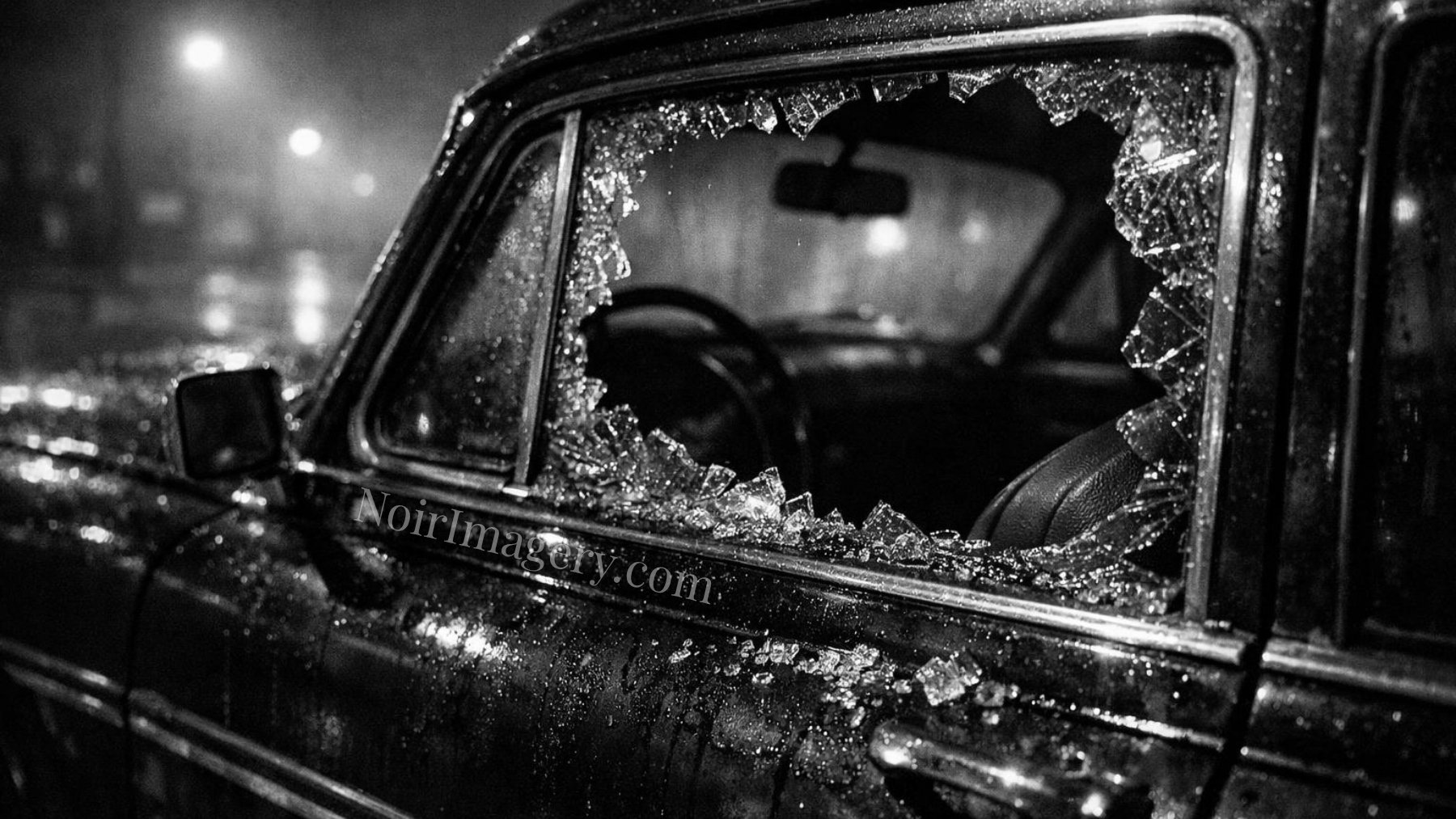 Black-and-white image of a car with a broken side window and shattered glass around the frame.