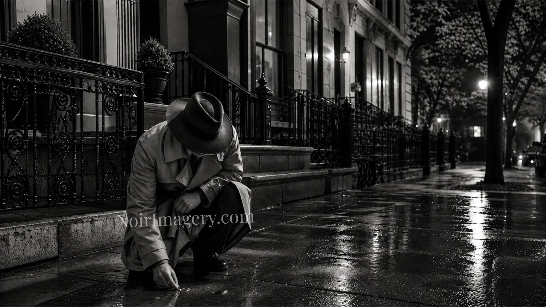 Detective kneeling on a wet city sidewalk while examining a clue during a noir criminal investigation.