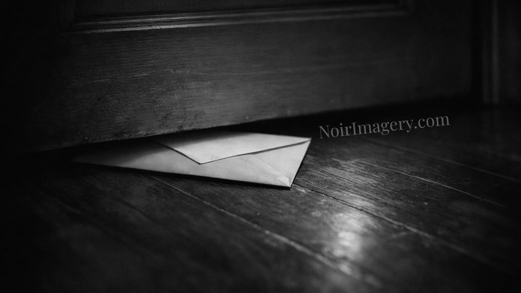 An envelope partially slid beneath a closed door on a wooden floor.