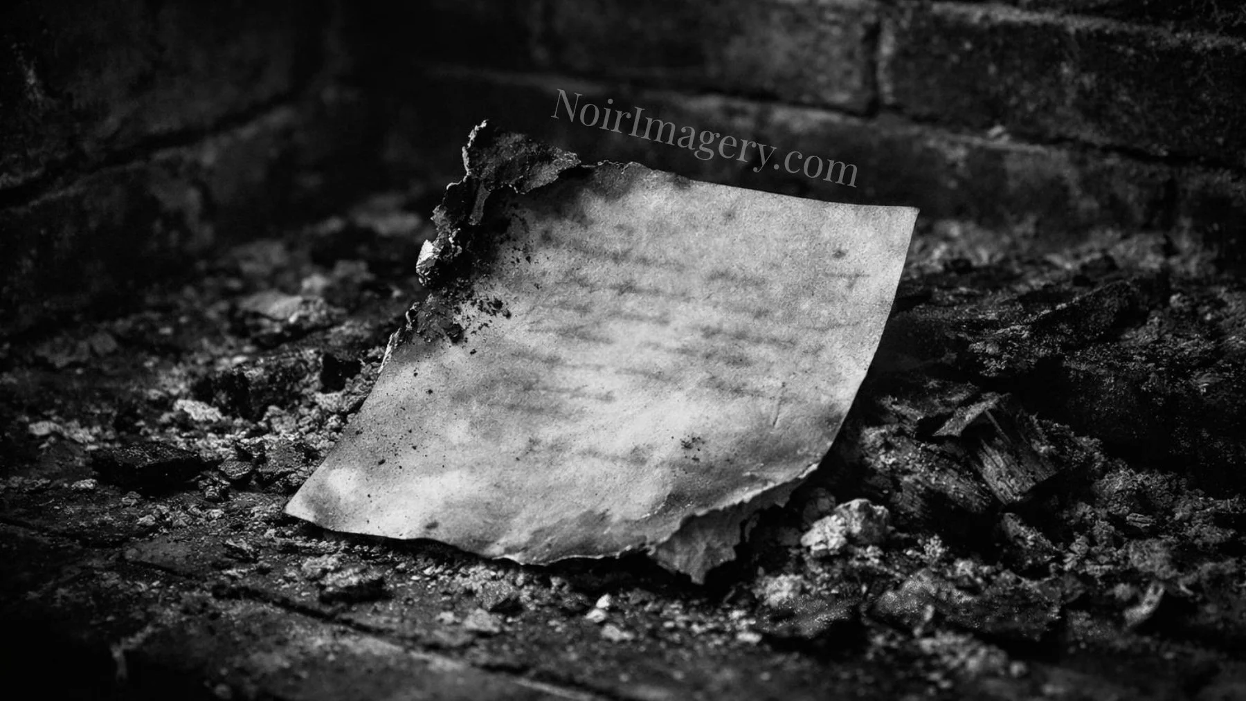 A partially burned document resting among ashes in a dark fireplace.