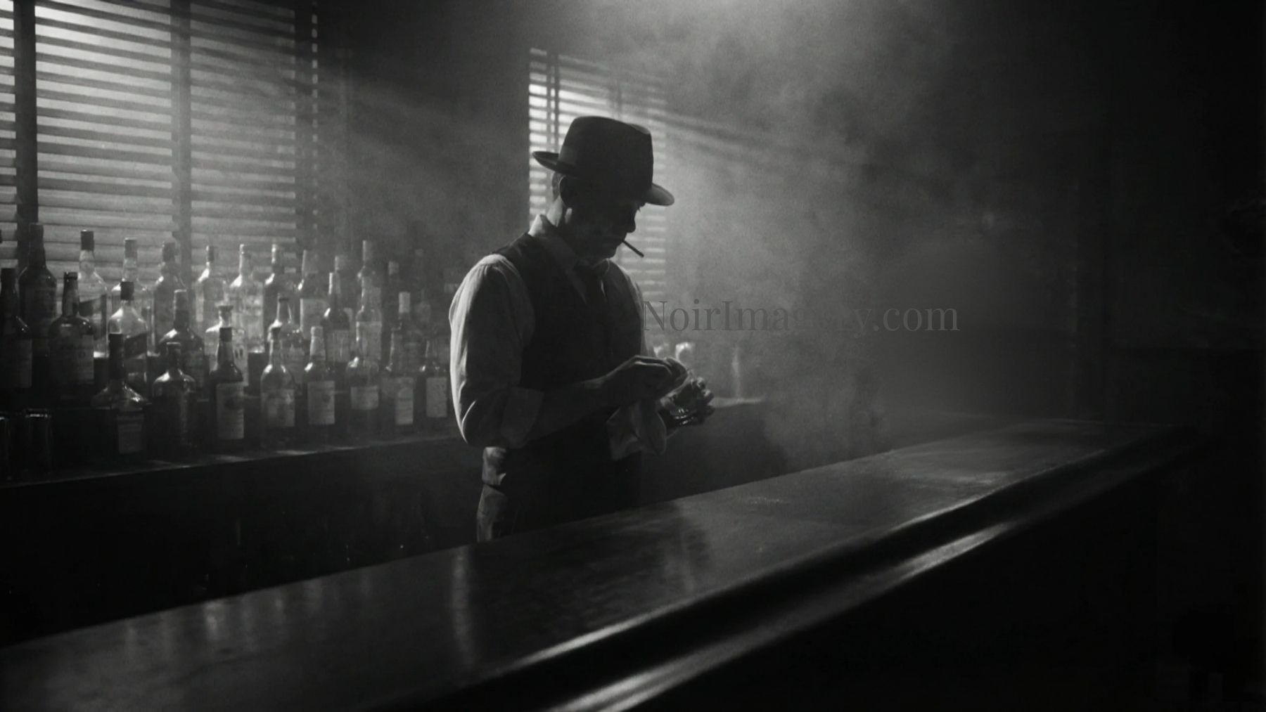 Bartender cleaning glass at closing time.