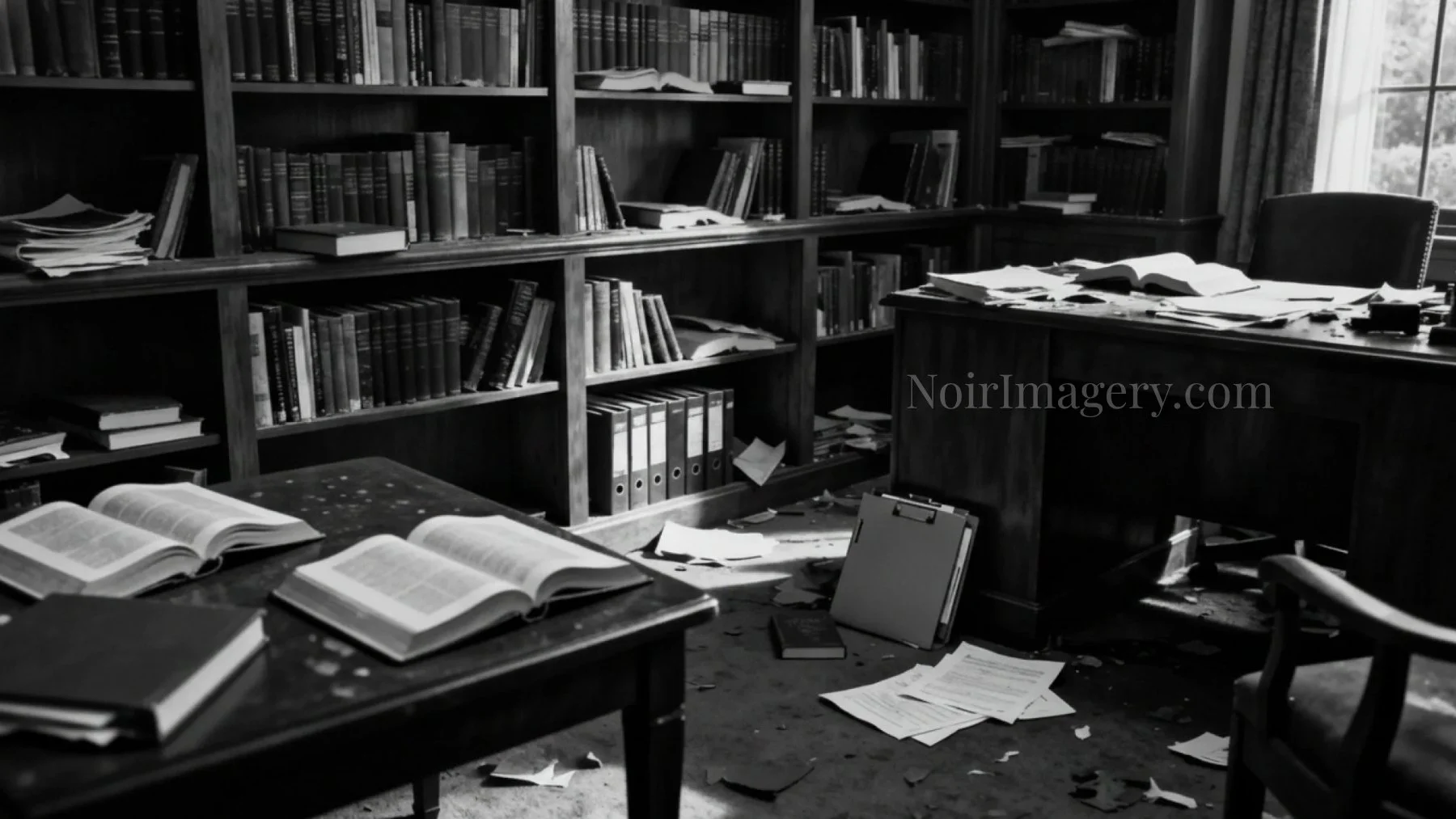 Black-and-white noir image of a private library with books pulled from shelves, open books on tables, and papers scattered across the floor.