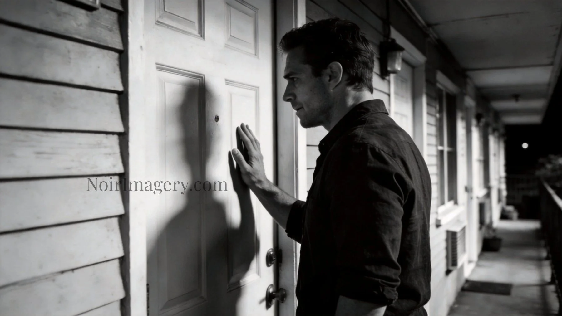 Black-and-white noir image of a man hesitating outside a door beneath a shadowed hallway light.