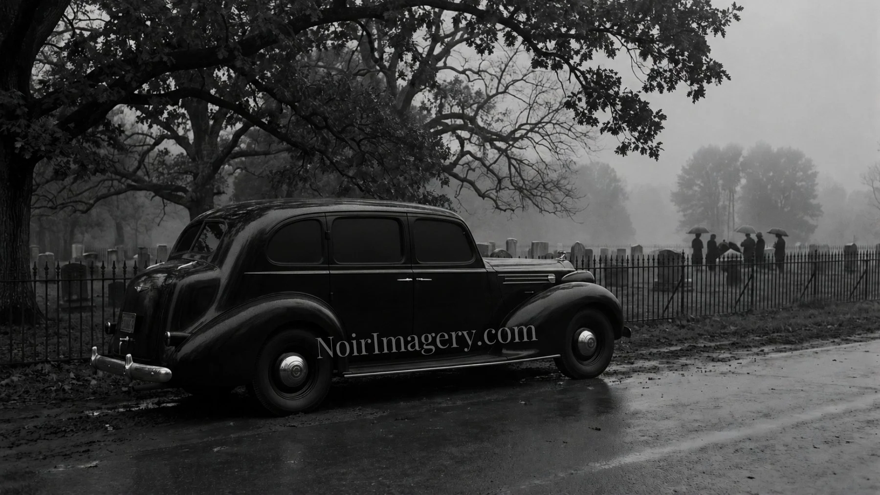 Vintage black sedan parked beside a cemetery during a rainy funeral with distant mourners holding umbrellas in a classic noir setting.