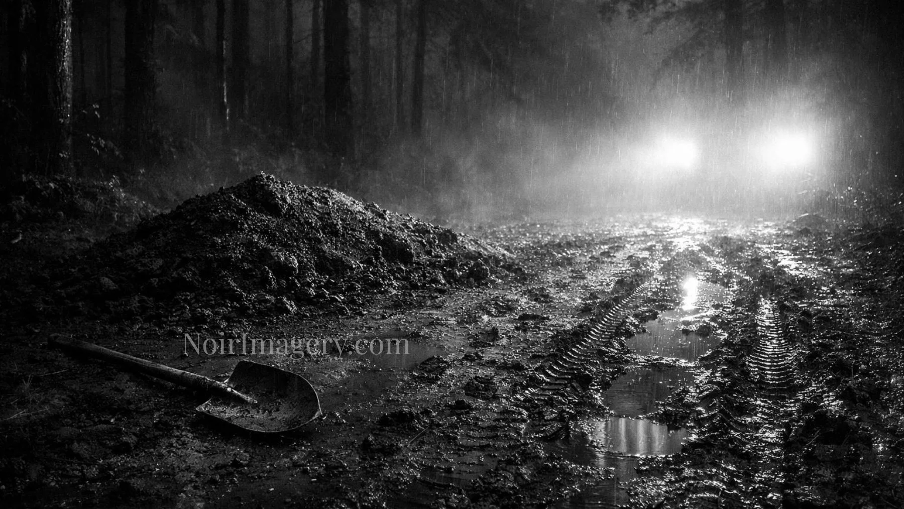 Moody black-and-white image of muddy tire tracks, fresh earth, and a shovel in a rain-soaked forest at night.