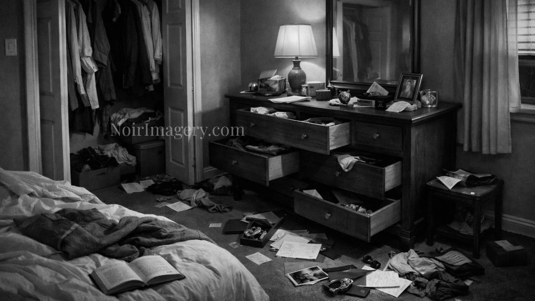 Black-and-white noir image of a bedroom with open closet doors, pulled-out clothing, open dresser drawers, and personal items scattered around the room.