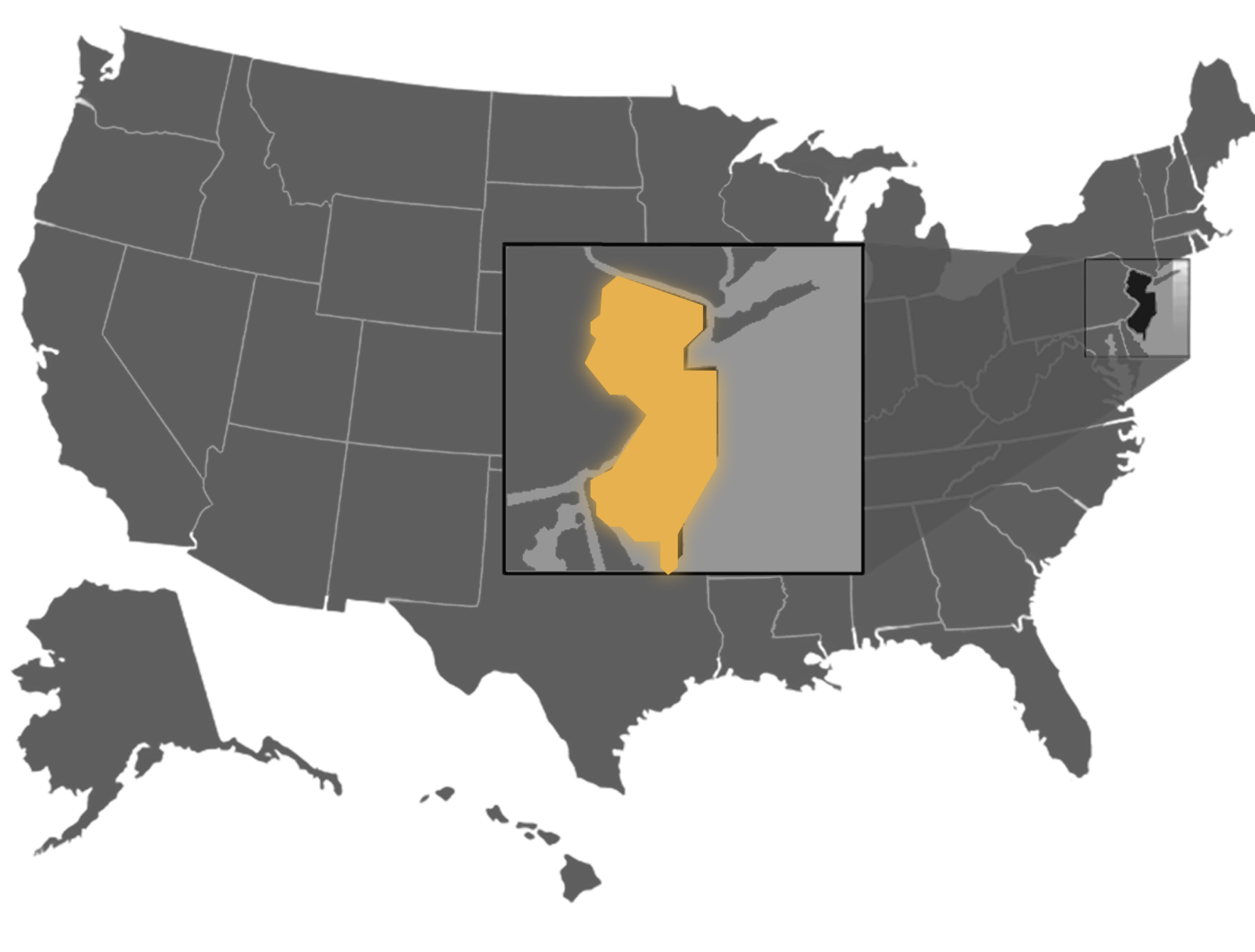Map of the United States with the state of New Jersey highlighted in yellow and an inset zooming in on that state.