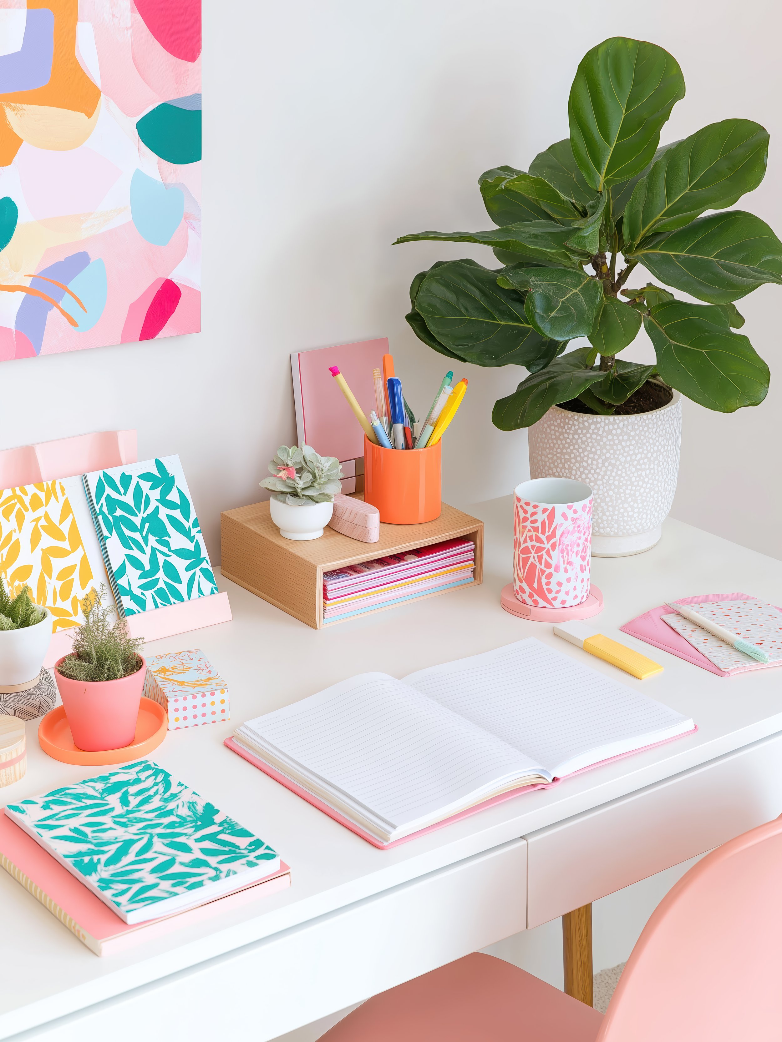 A neatly organized white desk with a pink chair, decorated with planners, notebooks, a large potted fiddle leaf fig plant, a small succulent, colorful pens, and a pink and white patterned mug, with abstract wall art in the background.